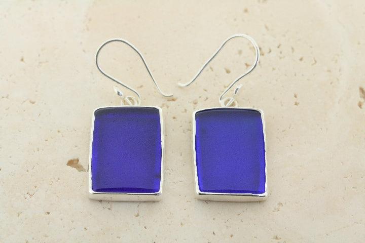 Cobalt Blue Recycled Seaglass Earrings - Handmade Dangle Earrings for Women, Beach Wedding, Boho Jewelry Gift