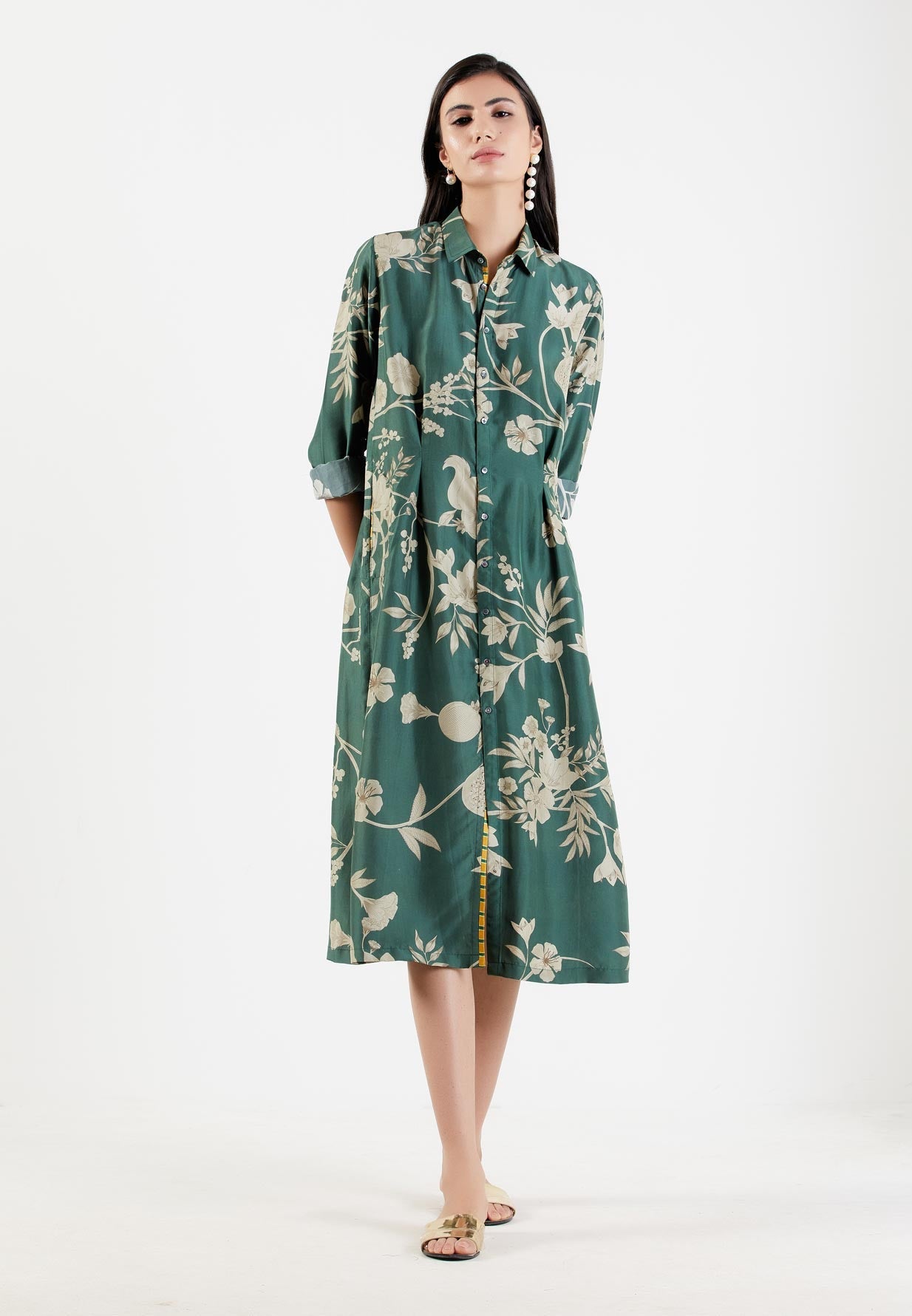 Elegant Pleated Silk Twill Dress for Women - Forest Green Flowy Midi Dress for Office, Wedding & Special Occasions
