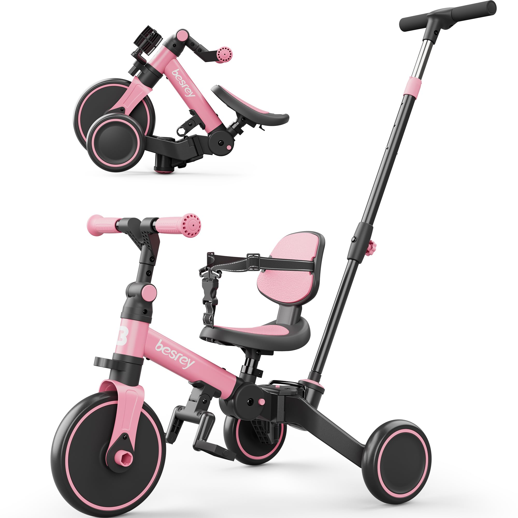 Besrey 5-in-1 Toddler Bike & Tricycle for 1-3 Year Olds - Adjustable Push Handle, Safety Belt & Backrest - Perfect Balance Bike & Birthday Gift for Boys & Girls - Ideal for Outdoor Play, Learning to Ride & Backyard Fun