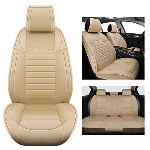 Premium Faux Leather Car Seat Covers Full Set - Non-Slip Waterproof Seat Protectors for SUV, Pickup Truck & Most Vehicles | Luxury Comfort & Easy Cleaning for Road Trips, Commuting & Family Use (Beige)
