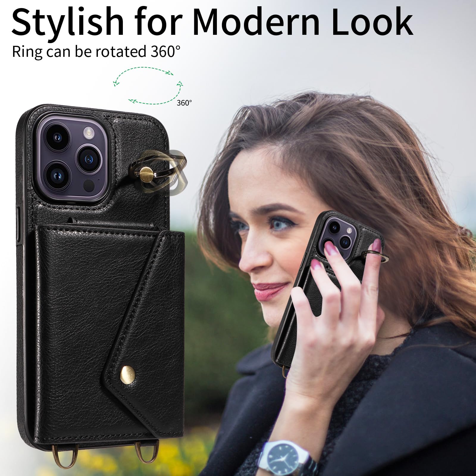 Premium Leather Crossbody Wallet Case for iPhone 15 Pro Max - Card Holder & Shockproof Flip Cover with Adjustable Long Shoulder Strap (Black) | Perfect for Travel, Shopping & Hands-Free Daily Use