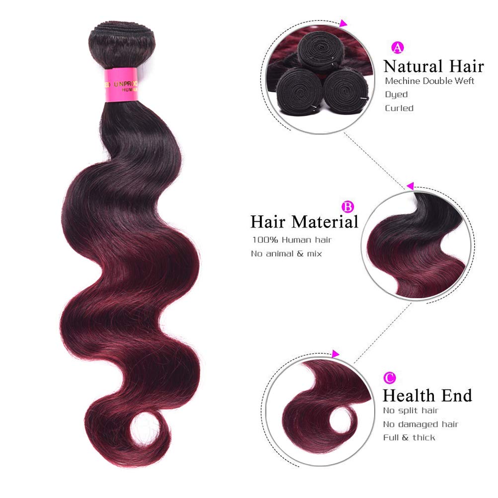 Brazilian Ombre Burgundy Human Hair Bundles 8A Body Wave Weaves - 1B/99J Ombre Red Hair Extensions (18, 20, 22 Inch) for Stunning Length & Volume | Perfect for Parties, Weddings & Everyday Glam
