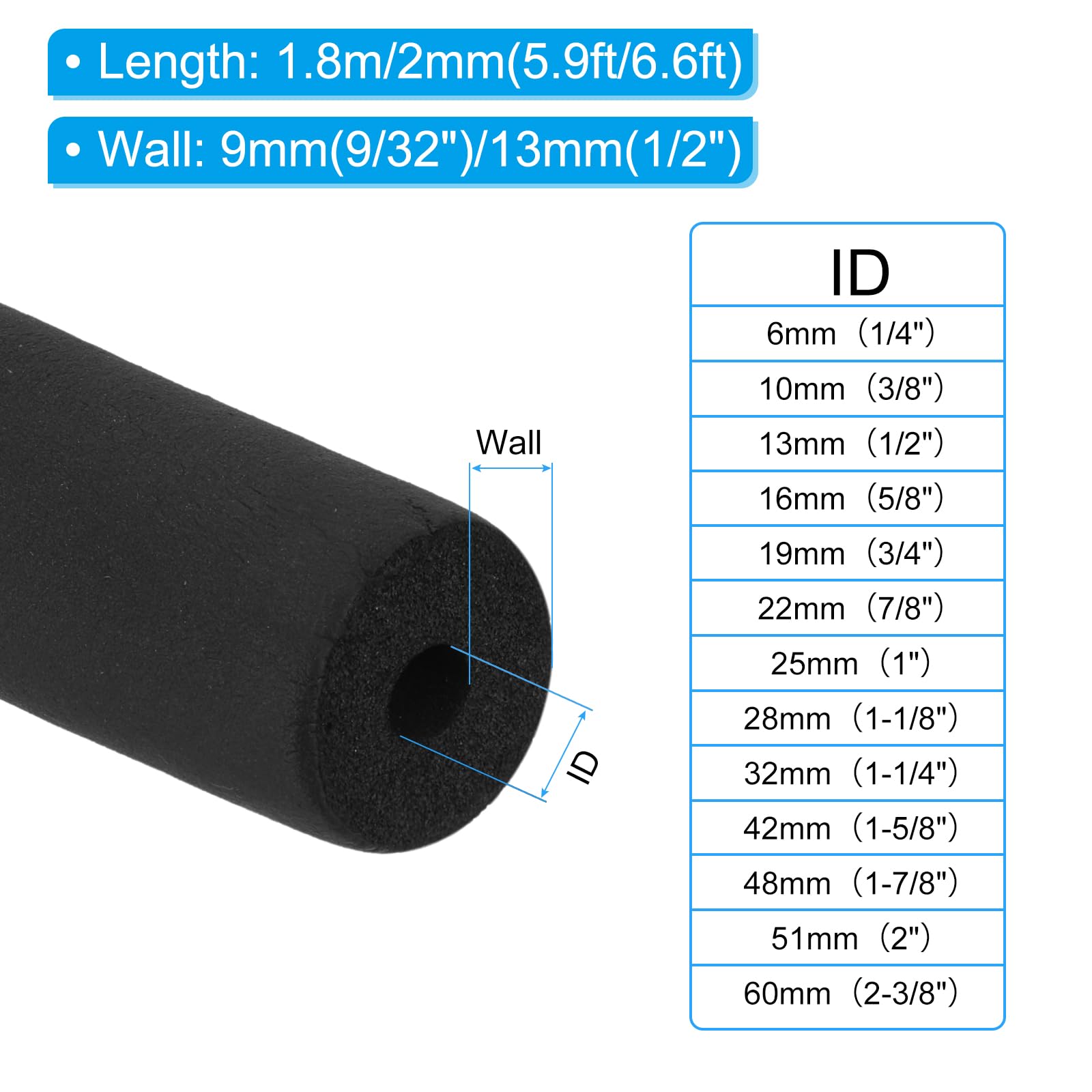 PATIKIL 2 Inch (51mm) ID x 6 Feet Pipe Insulation Foam Tube - HVAC Pipe Cover Wrap Roll, Air Conditioner Insulation Tubing with Handle Grip for Home, Garage & Workshop Pipe Protection