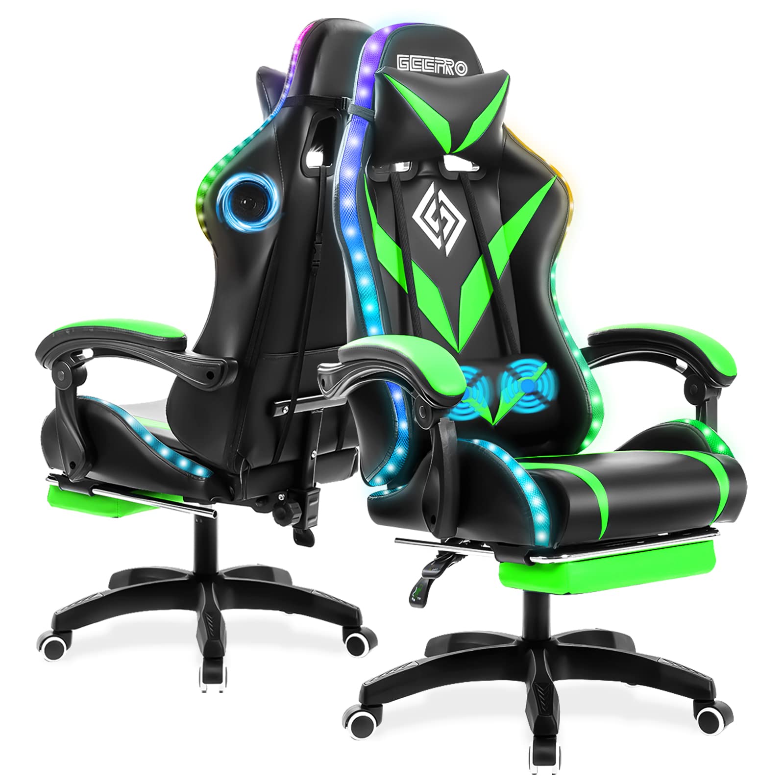 Geepro Ergonomic Gaming Chair with Bluetooth Speakers, RGB LED Lights & Footrest - High Back Computer Chair with Lumbar Support for Office & Home (Green/Black) - Perfect for Gaming, Work & Relaxation