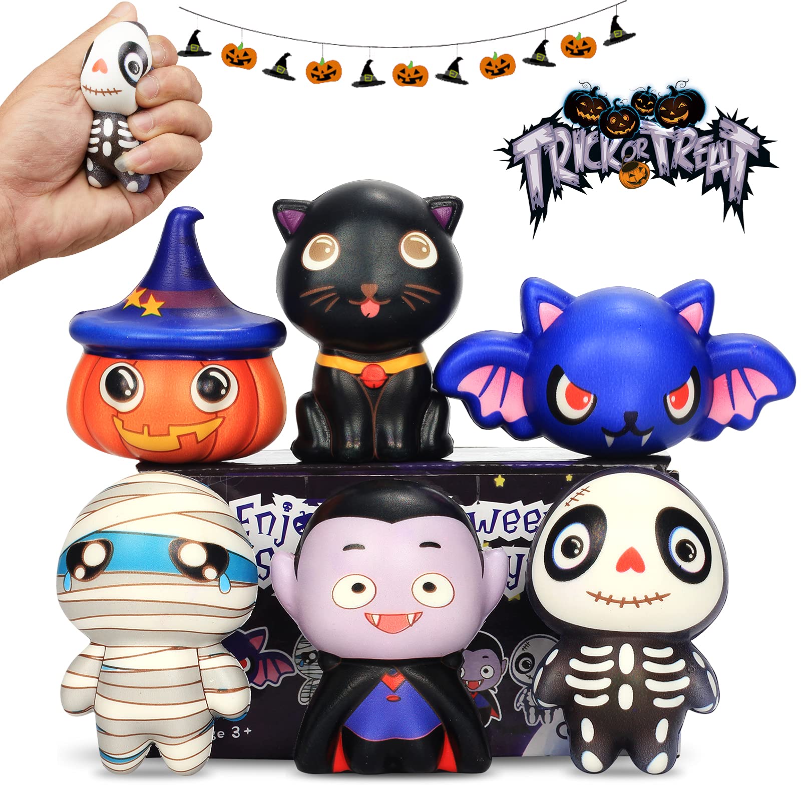 6 Pack Halloween Squishy Toys Slow Rising Stress Relief - Ghost, Vampire, Pumpkin, Skull, Black Cat, Mummy & Bat - Soft Halloween Party Favors for Kids, Boys & Girls - Perfect for Trick-or-Treating, Classroom Prizes & Goodie Bags
