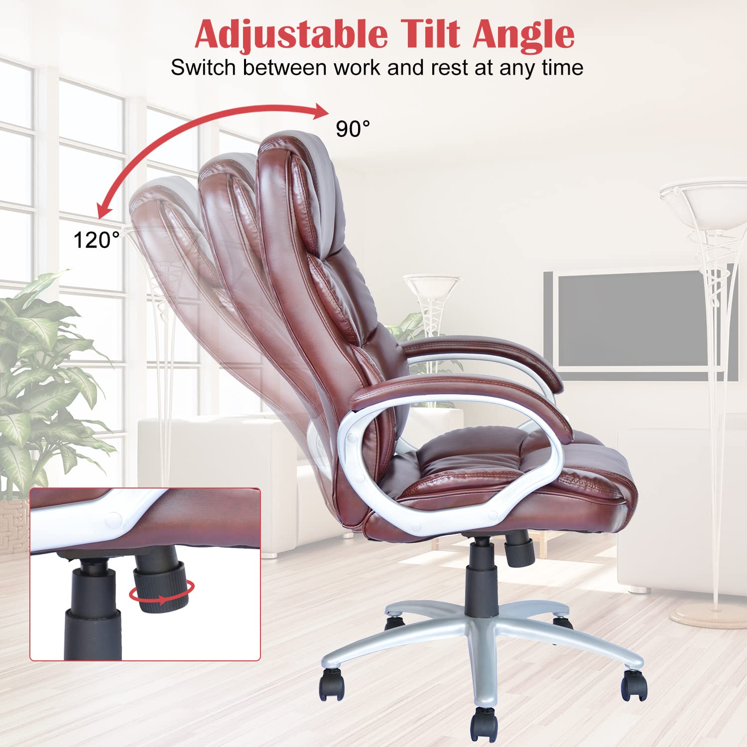 Ergonomic Office Desk Chair - Adjustable Height High Back Rolling Swivel Computer Chair with PU Leather, Padded Armrests & Lumbar Support - Executive Task Chair for Home Office (Brown) - Perfect for Long Work Hours, Gaming & Remote Work
