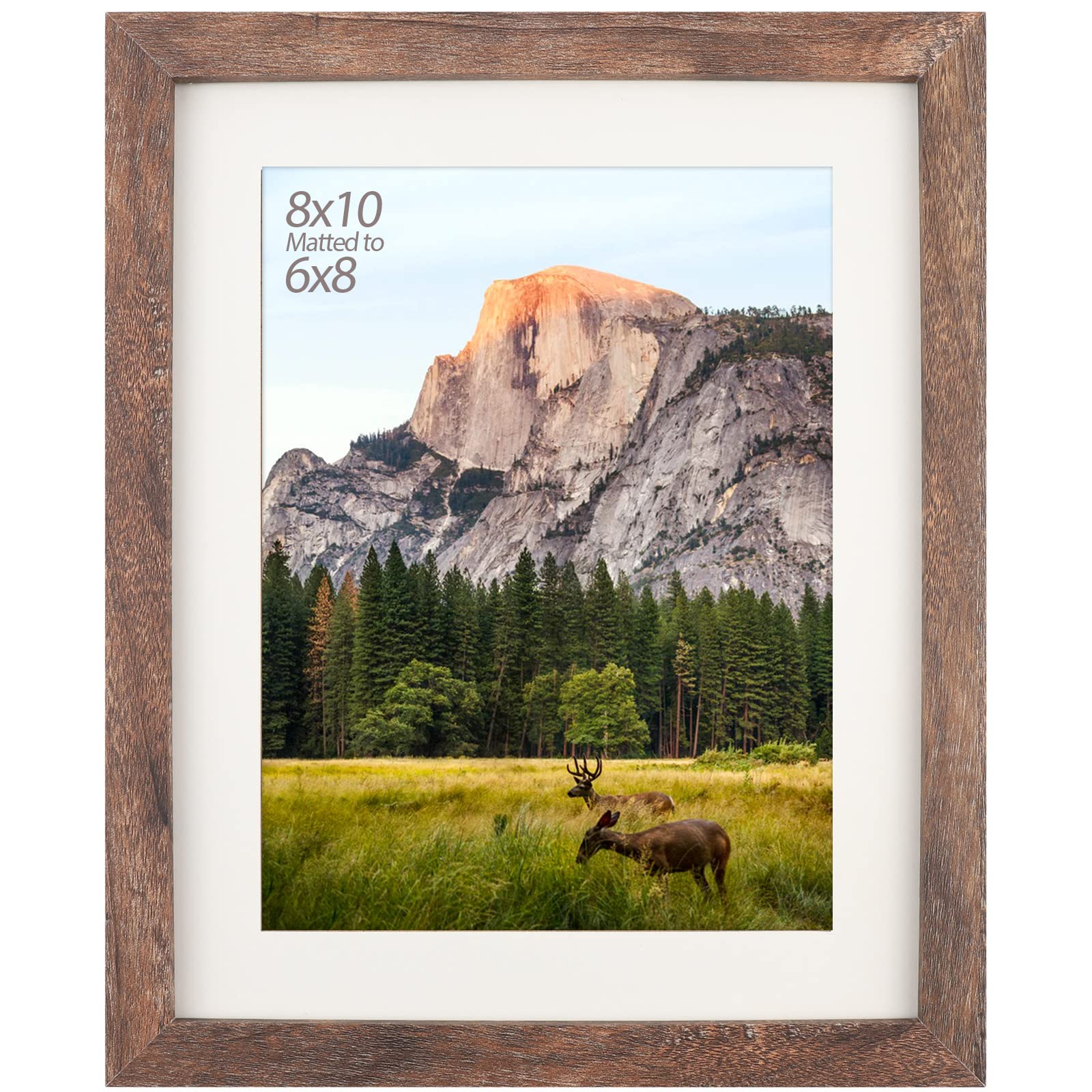 AEVETE 8x10 Picture Frame Brown with Mat for 6x8 Photos - Wall Mount & Tabletop Display for Home Decor, Office, or Gift Giving