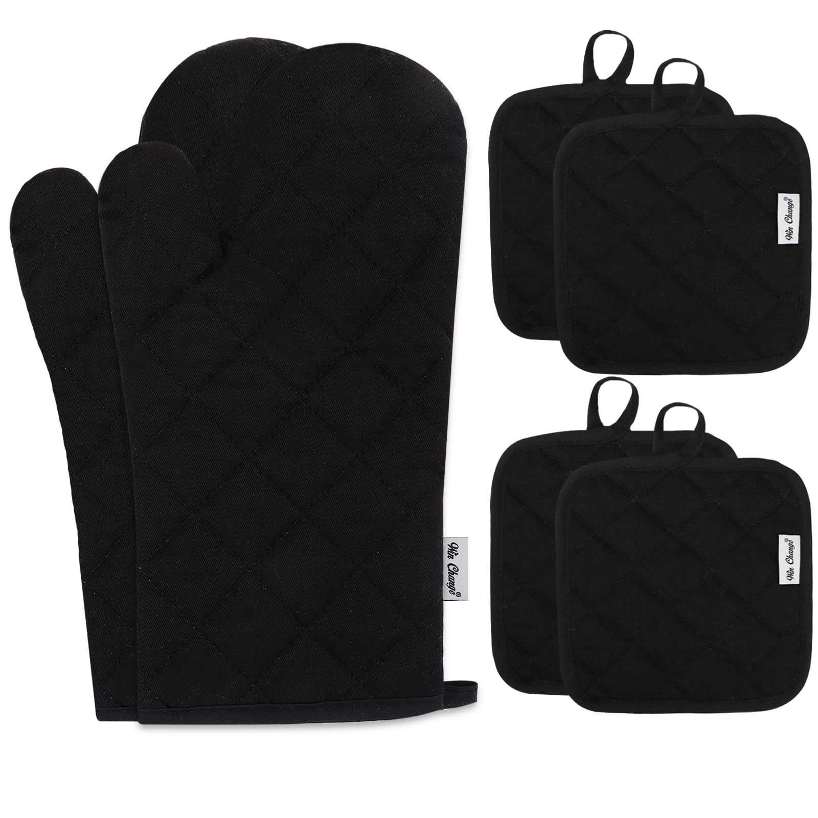 6-Piece High Heat Resistant Oven Mitts and Pot Holders Set - Extra Thick Long Oven Gloves with Recycled Cotton for Baking, Grilling & Cooking (Black) - Perfect for Kitchen, BBQ & Holiday Cooking
