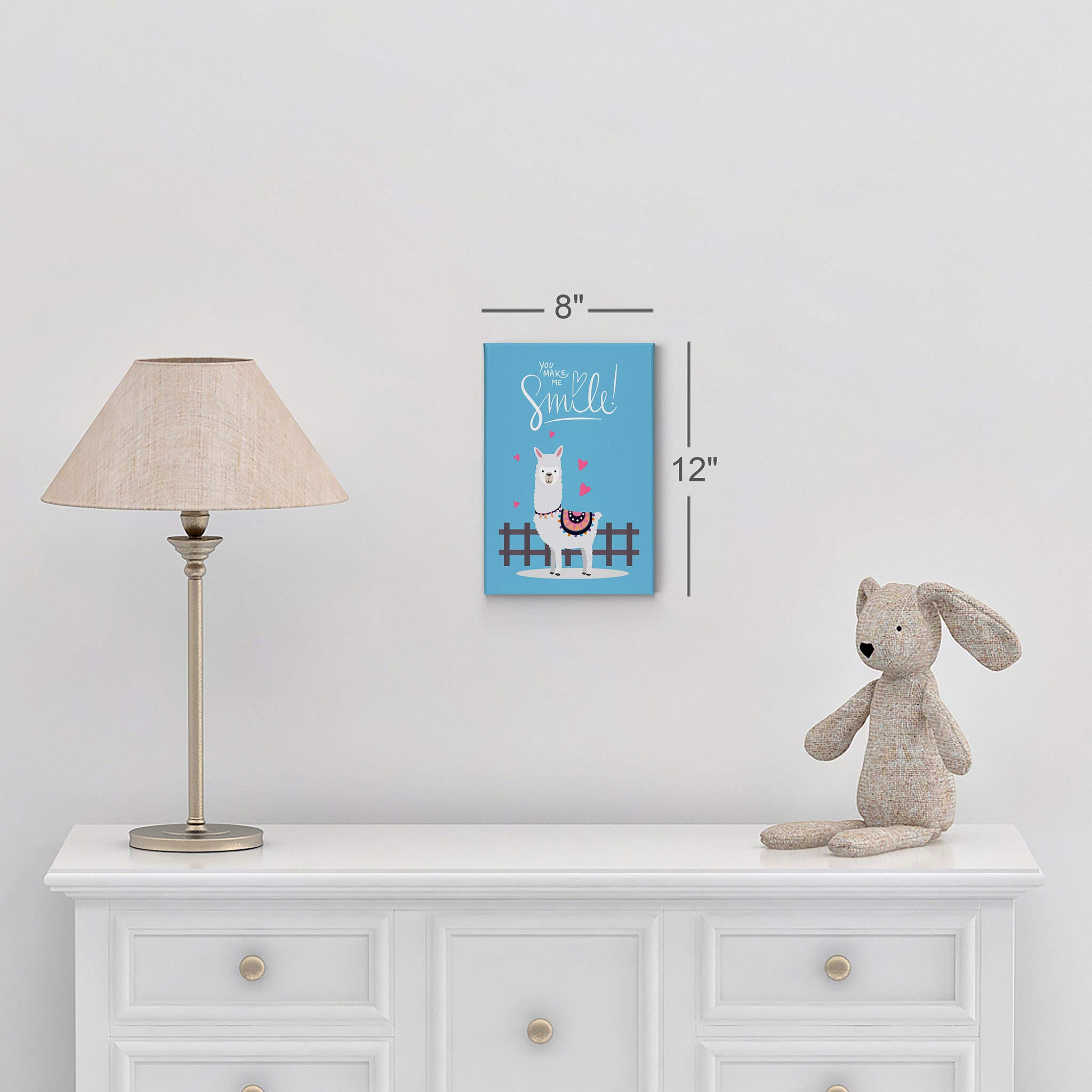 Smile Art Design - Cute Alpaca Illustration Canvas Print for Kids Room Decor | Blue Background Wall Art for Nursery & Baby Room | Ready to Hang 28x19 | Made in USA | Perfect for Birthday Gifts & Playroom Decor
