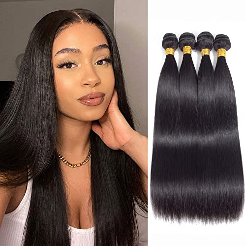 100% Brazilian Virgin Human Hair Bundles - Unprocessed Straight Hair Extensions 4 Bundles (24 26 28 30 Inch) Natural Black Color for Black Women | Perfect for Daily Wear, Styling & Protective Hairstyles