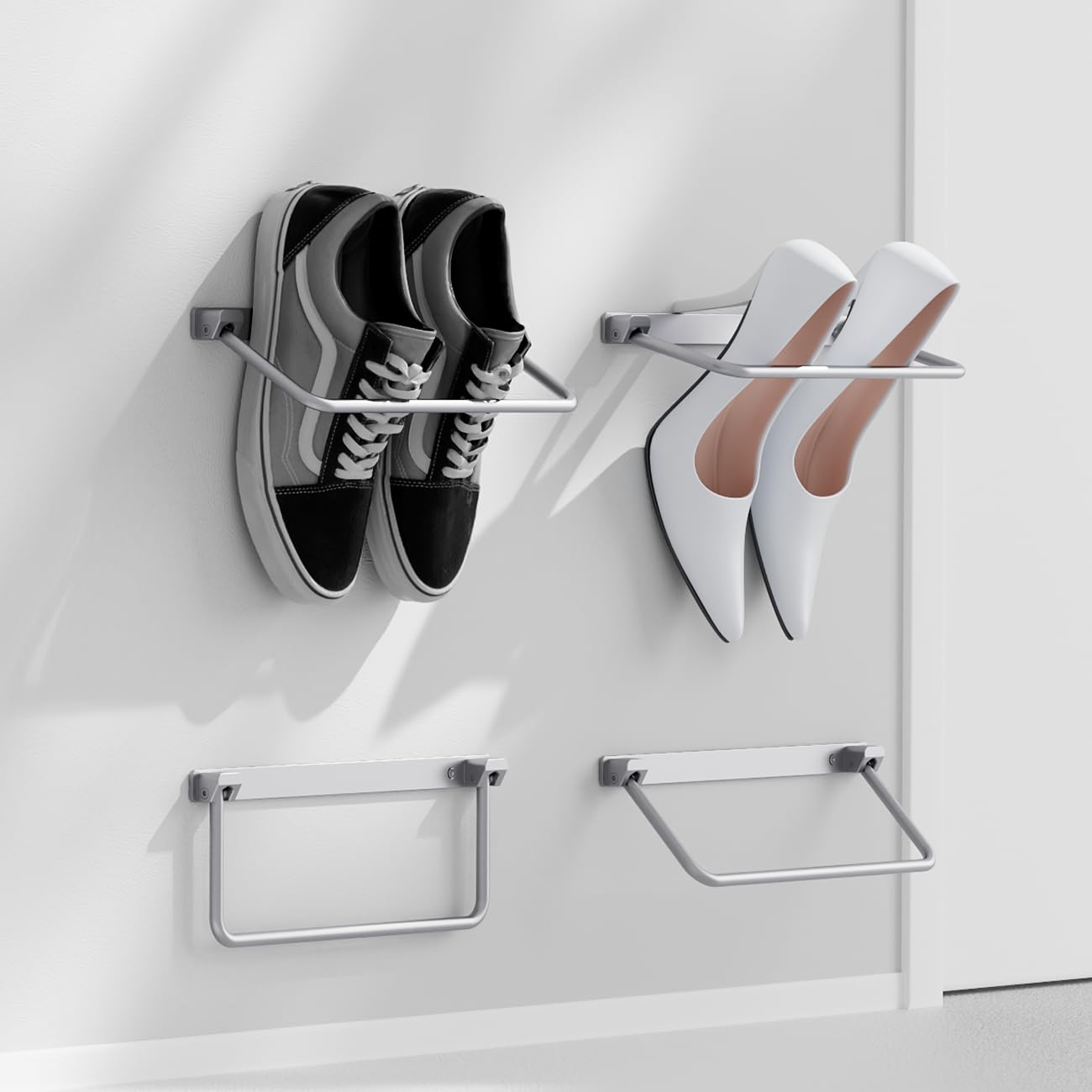 Foldable Wall-Mounted Shoe Rack - Aluminum Hanging Shoe Organizer with 4 Packs, Space-Saving Storage for Sneakers, Heels & Boots - Perfect for Closet, Bedroom or Entryway Organization