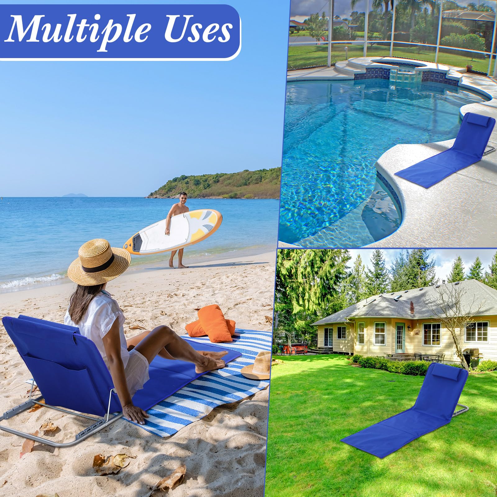 4 Pack Portable Beach Lounge Chairs with 2 Folding Side Tables - 5-Position Adjustable Lightweight Sunbathing Chaise for Outdoor, Yard, Lawn & Camping (Deep Blue) - Perfect for Poolside Relaxation, Backyard Lounging and Beach Vacations