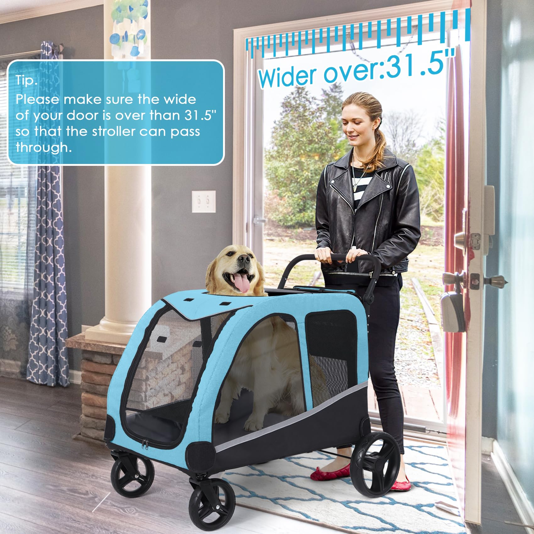 **Extra Large Pet Stroller for Medium & Large Dogs - Foldable, Adjustable Handle, 160 lbs Capacity - Perfect for Walks, Travel & Vet Visits**