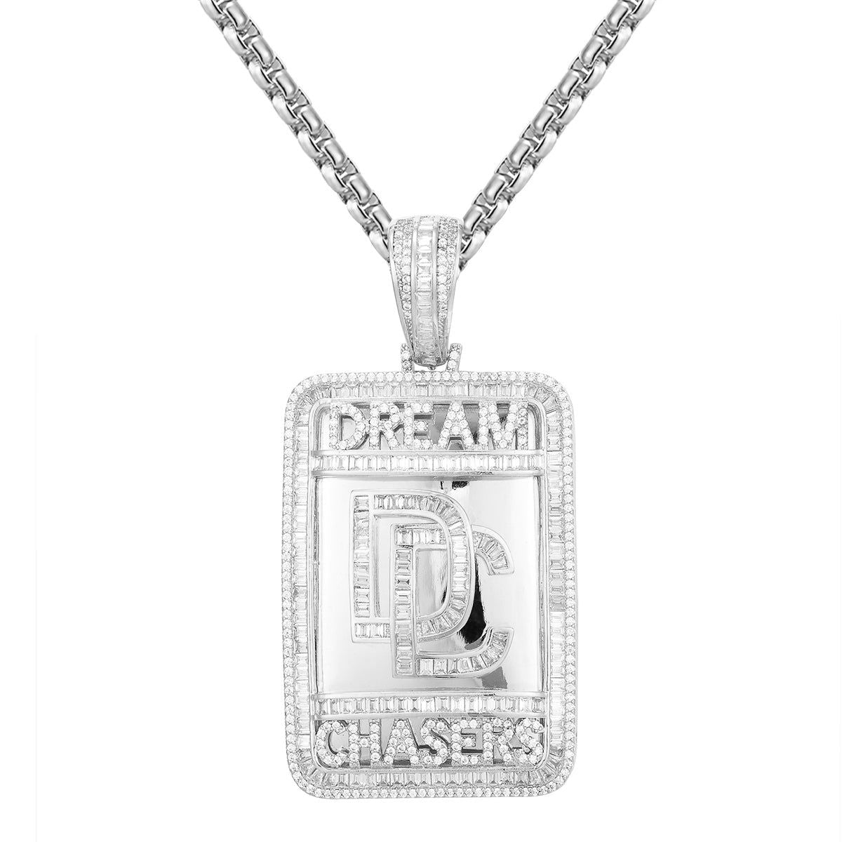 Dream Chasers Dog Tag Necklace - Sterling Silver Baguette Icy Pendant for Men & Women - Perfect for Everyday Wear, Gifts & Special Occasions