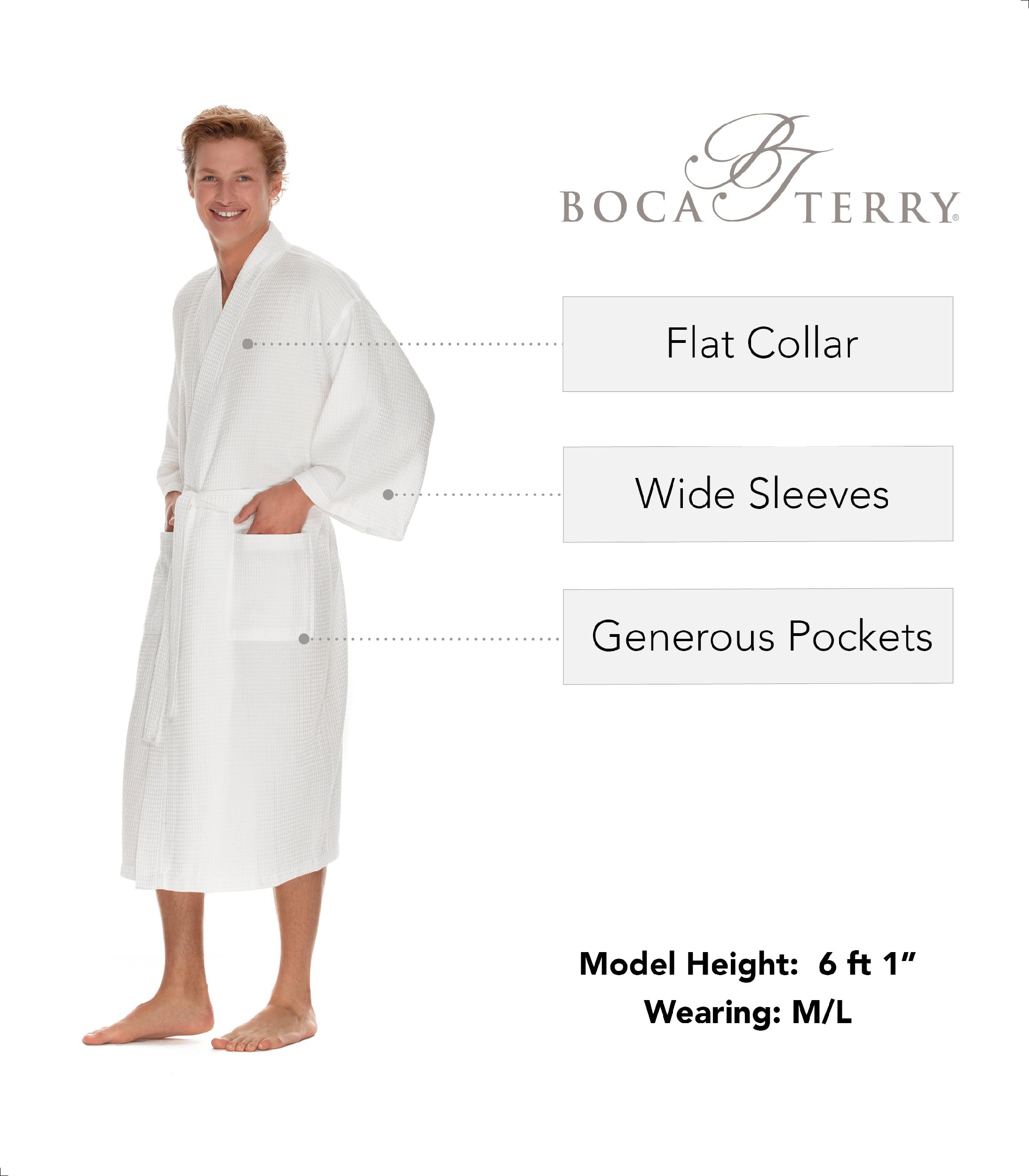 BOCA TERRY Men's Waffle Knit Spa Robe - Lightweight Long Cotton Kimono Bathrobe for Hotel & Home Relaxation, Lounge Wear, Spa Days and Cozy Evenings