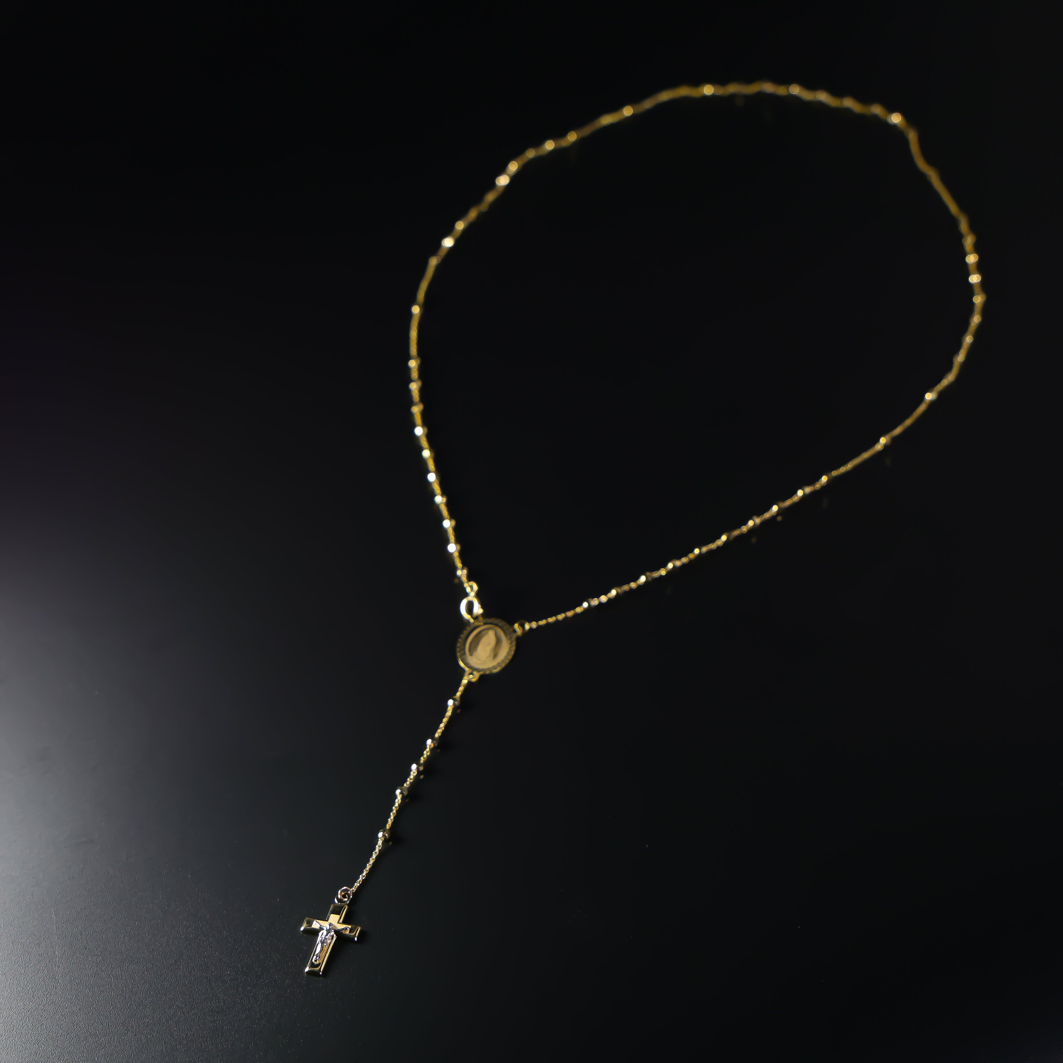 Gold Disco Ball Rosary Cross & Mother Mary Necklace - 2.5MM Stainless Steel Religious Jewelry (Model NK0236) for Church, Baptism, First Communion & Everyday Faith Wear