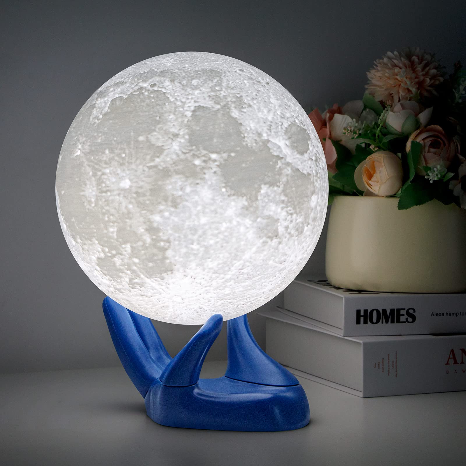 BRIGHTWORLD 5.9 Inch 3D Moon Lamp - USB Rechargeable Touch Control Night Light with Adjustable Brightness & Warm/Cool White Colors (Blue Hand Stand) - Perfect Gift for Kids, Girls, Boys & Women | Bedroom Decor, Nursery Nightlight, Romantic Atmosphere Creator