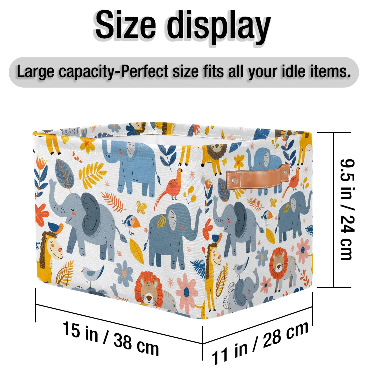 Cartoon Elephant Fabric Storage Bins with Handles - Large Decorative Collapsible Baskets for Shelves & Closet Organizers (2-Pack) - Perfect for Home Organization, Clothes, Toys & Nursery Storage