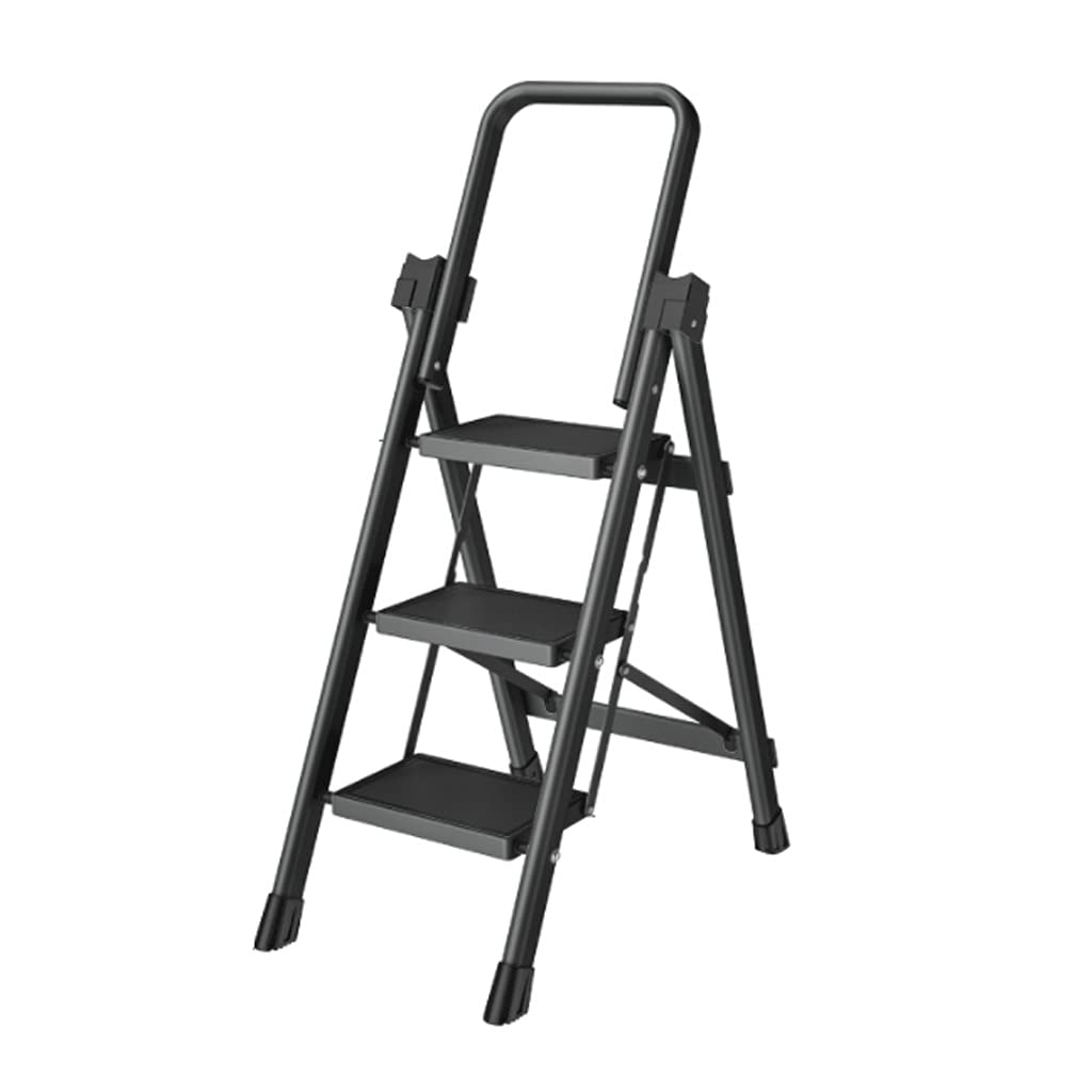 3.7ft 3 Step Folding Ladder with 180° Flip Armrest - Heavy Duty Metal Stepladder for Home, Office, Kitchen, Garage & Warehouse - Non-Slip Safety Handgrip & Compact Storage Design