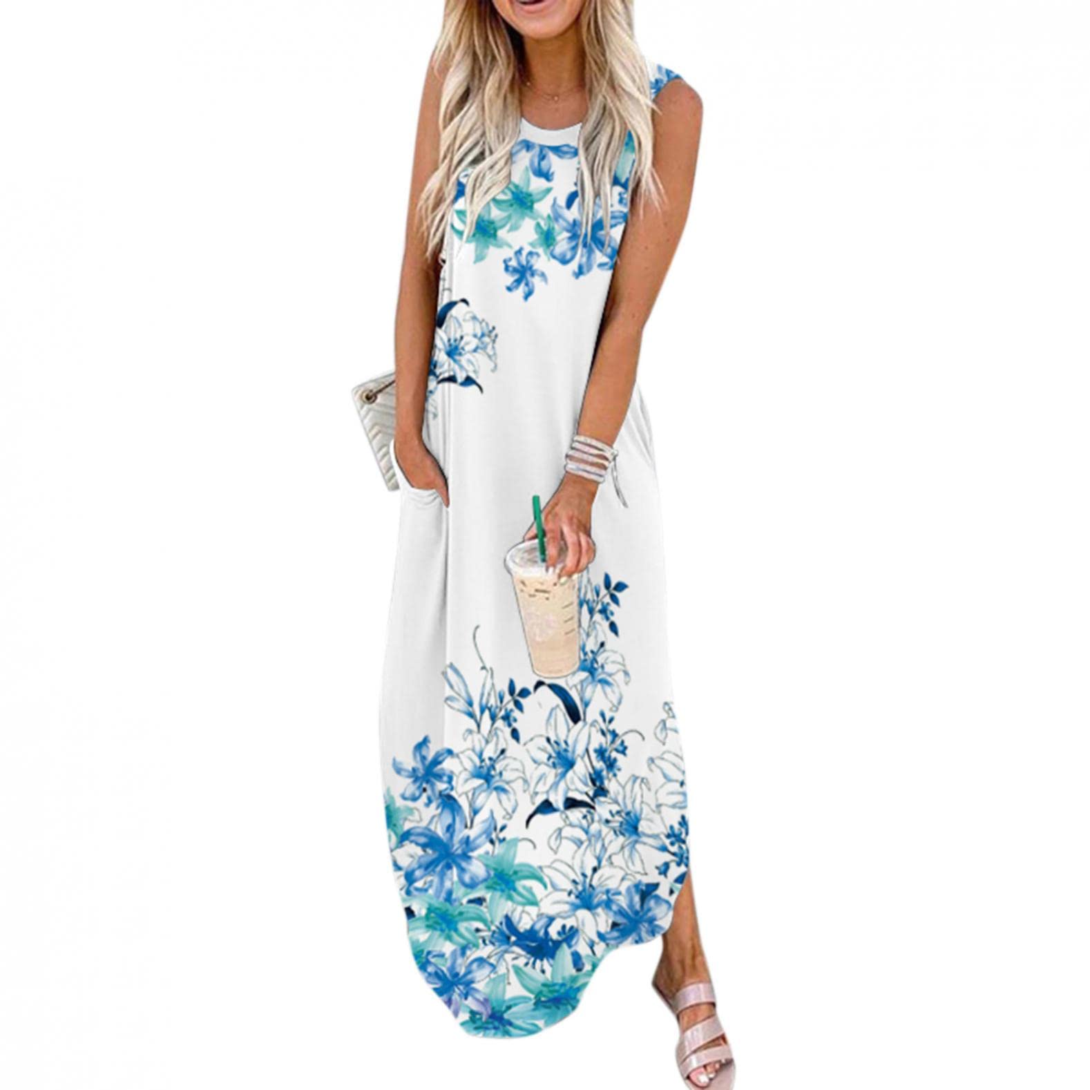 BAGELISE Women's Maxi Dress - Striped Print Sleeveless Midi Dress for Beach Vacation & Summer | Casual Slip Dress for Travel, Poolside, Brunch & Outdoor Activities
