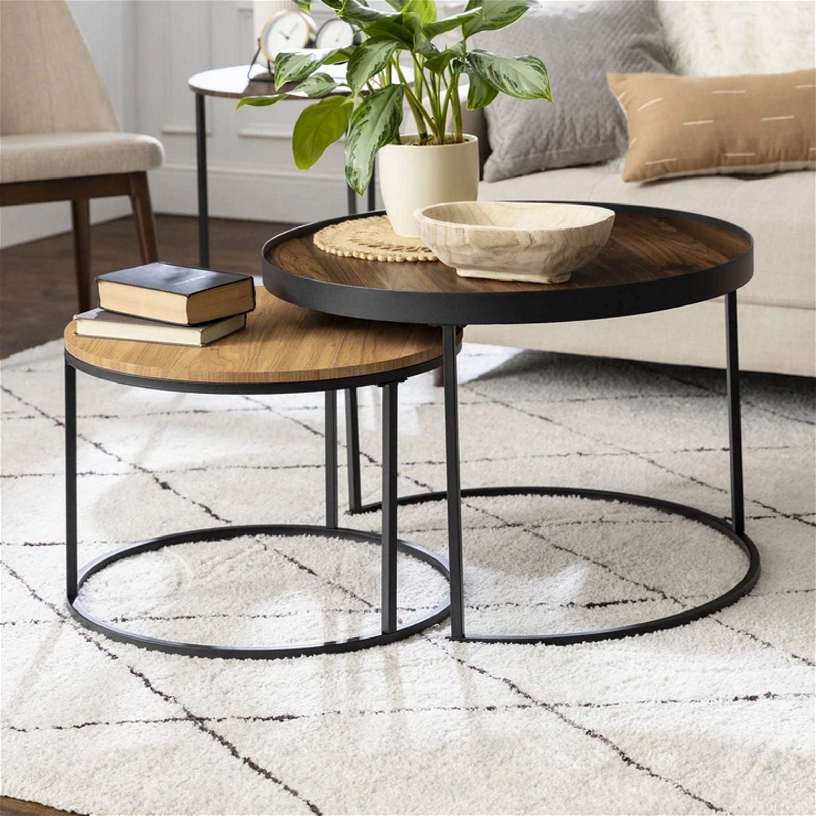 Modern Nested Coffee Table Set - Dark Walnut & English Oak Finish - Space Saving Living Room Furniture for Small Apartments & Cozy Homes