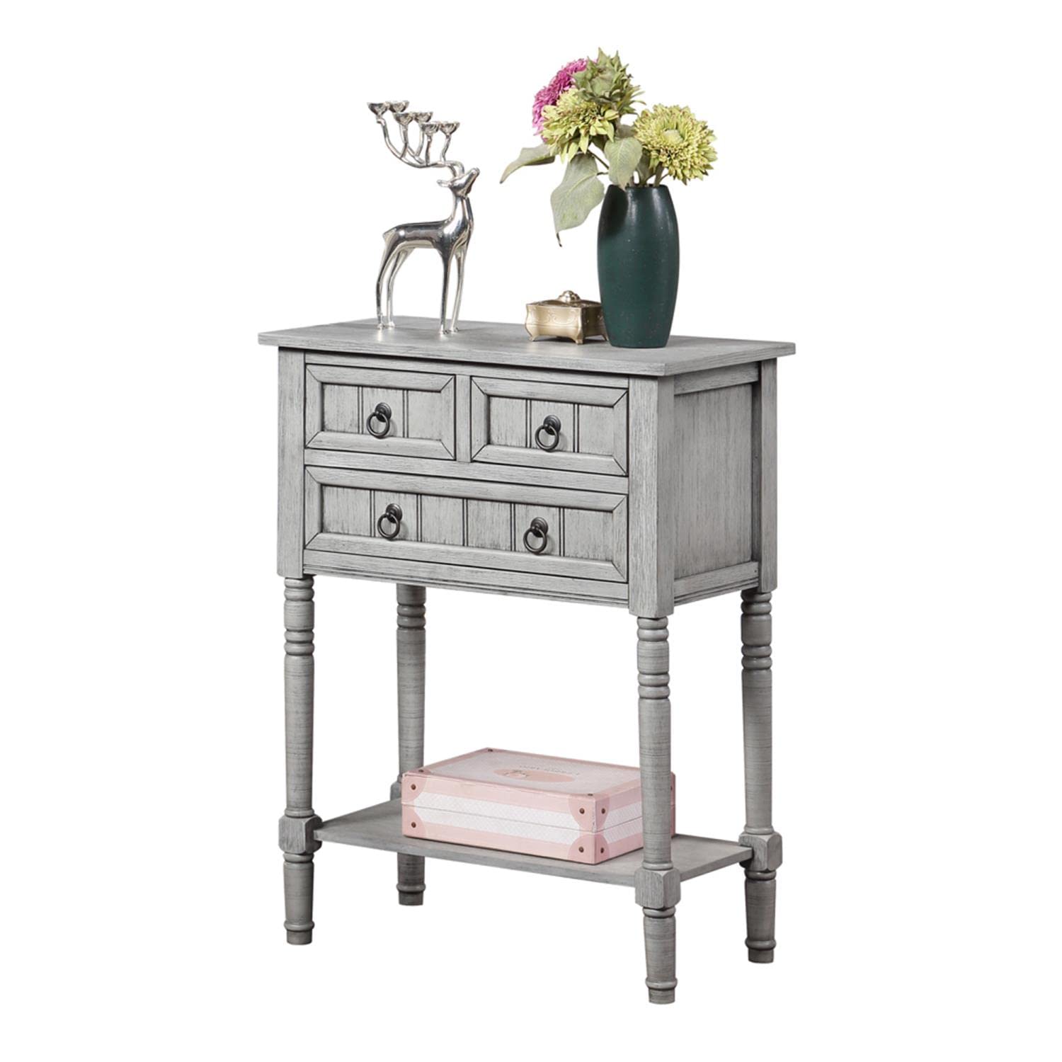 Convenience Concepts Kendra 3-Drawer Hall Table with Shelf - Wirebrush Light Gray Finish | Entryway Console Table for Small Spaces, Narrow Hallway & Apartment Living Room Decor