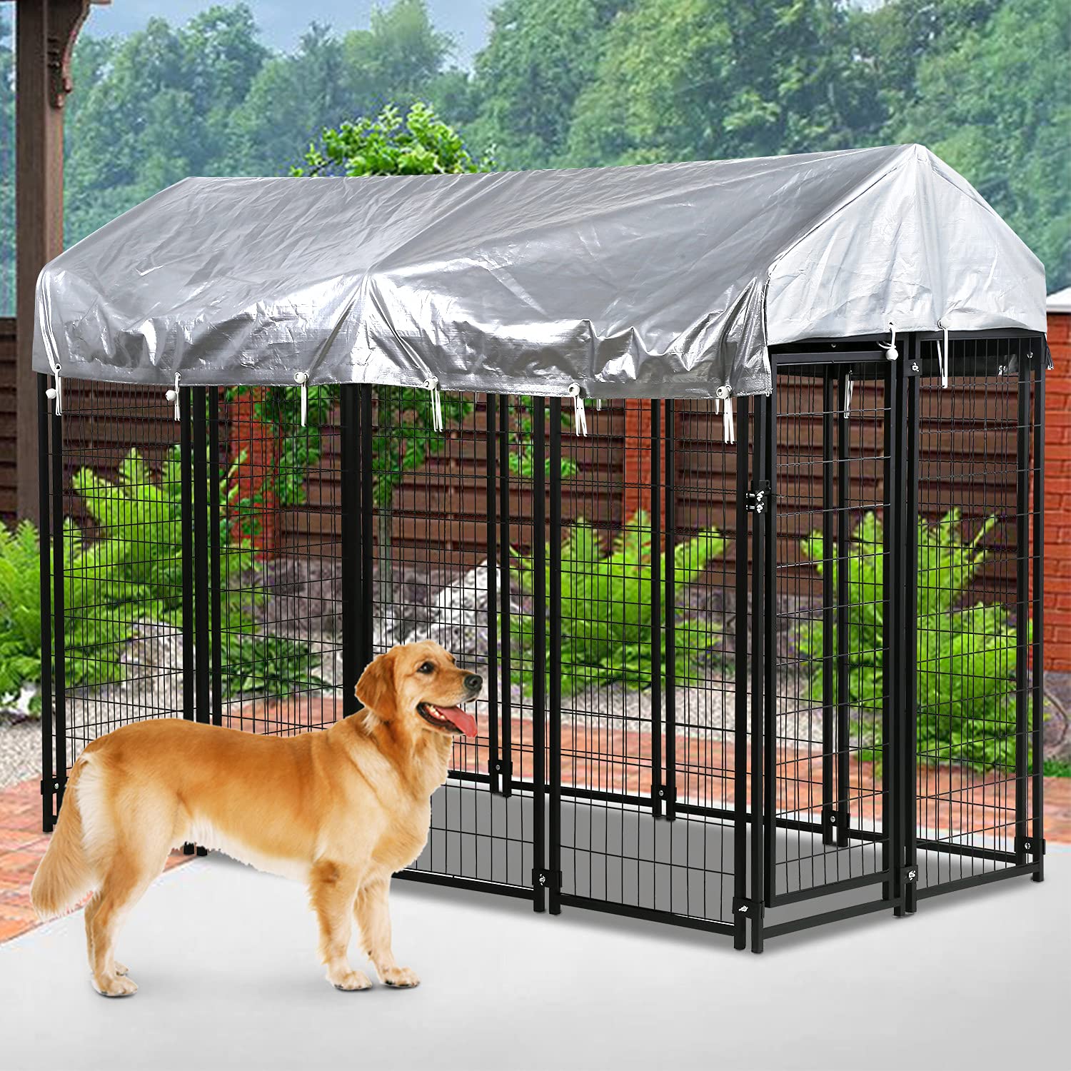 Heavy Duty Large Dog Crate Kennel - 7.5' x 3.75' x 5.8' Outdoor Waterproof Metal Pet Playpen with UV Protection Roof & Secure Lock - Perfect for Backyard, Travel, and Training Use