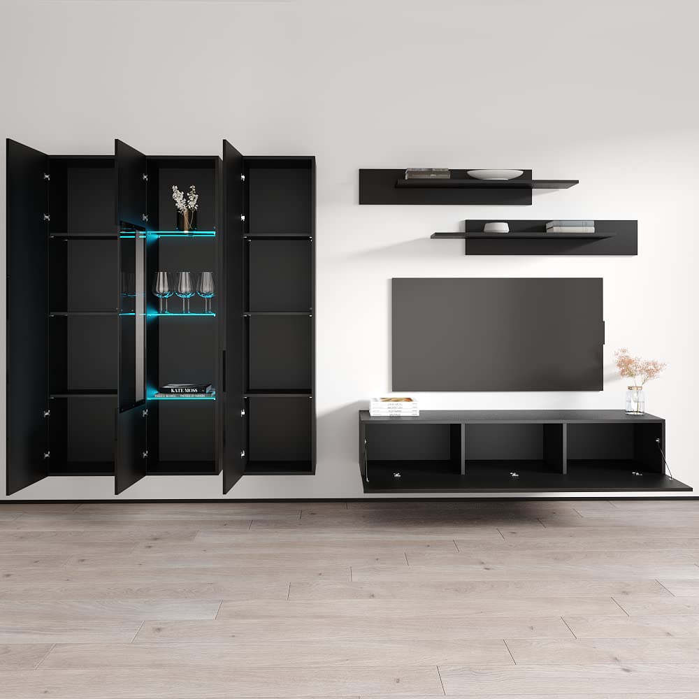 Modern Floating TV Stand with Storage & LED Lights - Wall-Mounted Entertainment Center for Bedroom & Living Room - 30 Inch TV Console with Shelves - Black - Perfect for Small Spaces & Home Theater Setup
