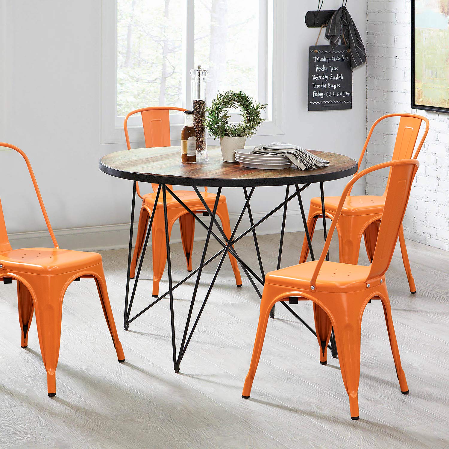 Devoko 4-Piece Stackable Metal Indoor-Outdoor Dining Chairs - Distressed Orange Kitchen & Side Chairs with Back Support | Perfect for Patio, Restaurant, Cafe & Home Dining