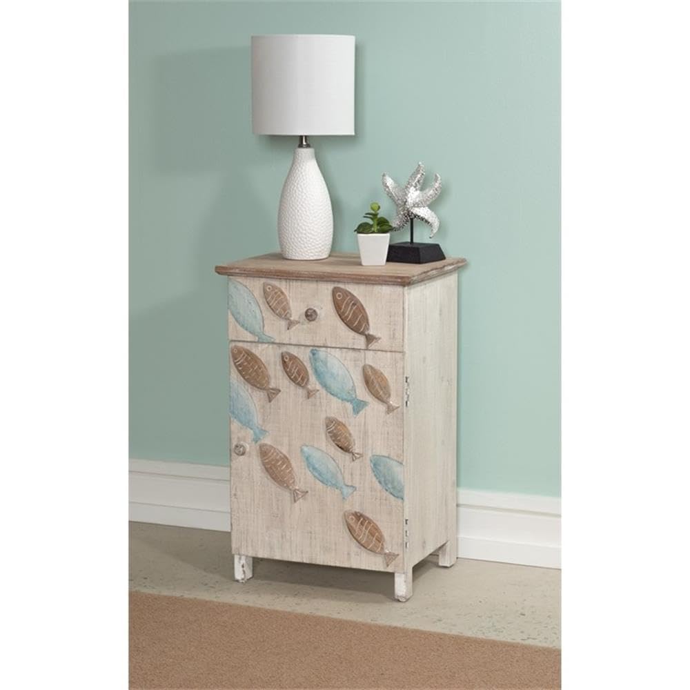 Powell Furniture Linon Hays Fish Wood Storage Side End Table - Distressed White Finish - Perfect for Living Room, Bedroom & Office Decor