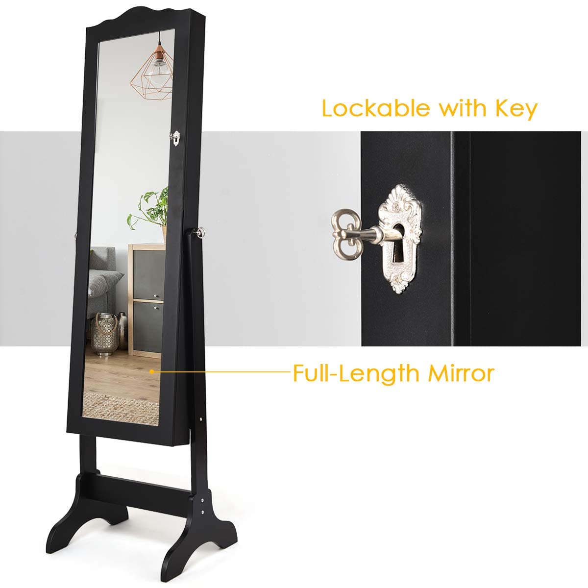 AUGESTER Lockable Full Length Mirror Jewelry Armoire Organizer - Large Adjustable Storage Cabinet with 4 Angel Design & Top Arc, 2-in-1 Jewelry Box (Black) | Perfect for Bedroom, Closet & Dressing Room Organization