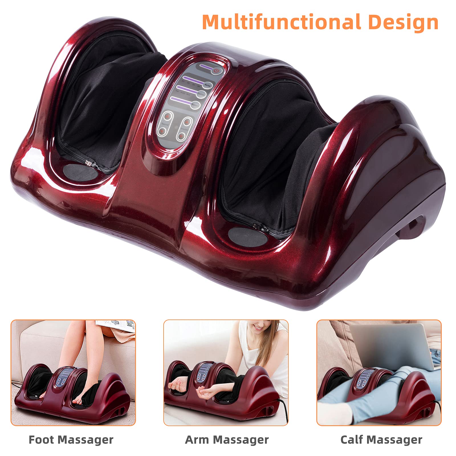 RELAX4LIFE Shiatsu Foot Massager Machine with Remote Control - 4 Programs & 3 Modes for Deep Kneading, Electric Calf & Foot Massage - Relieves Plantar Fasciitis, Tired Muscles - Touch Panel & Burgundy Design - Perfect for Home, Office & Post-Workout Recovery