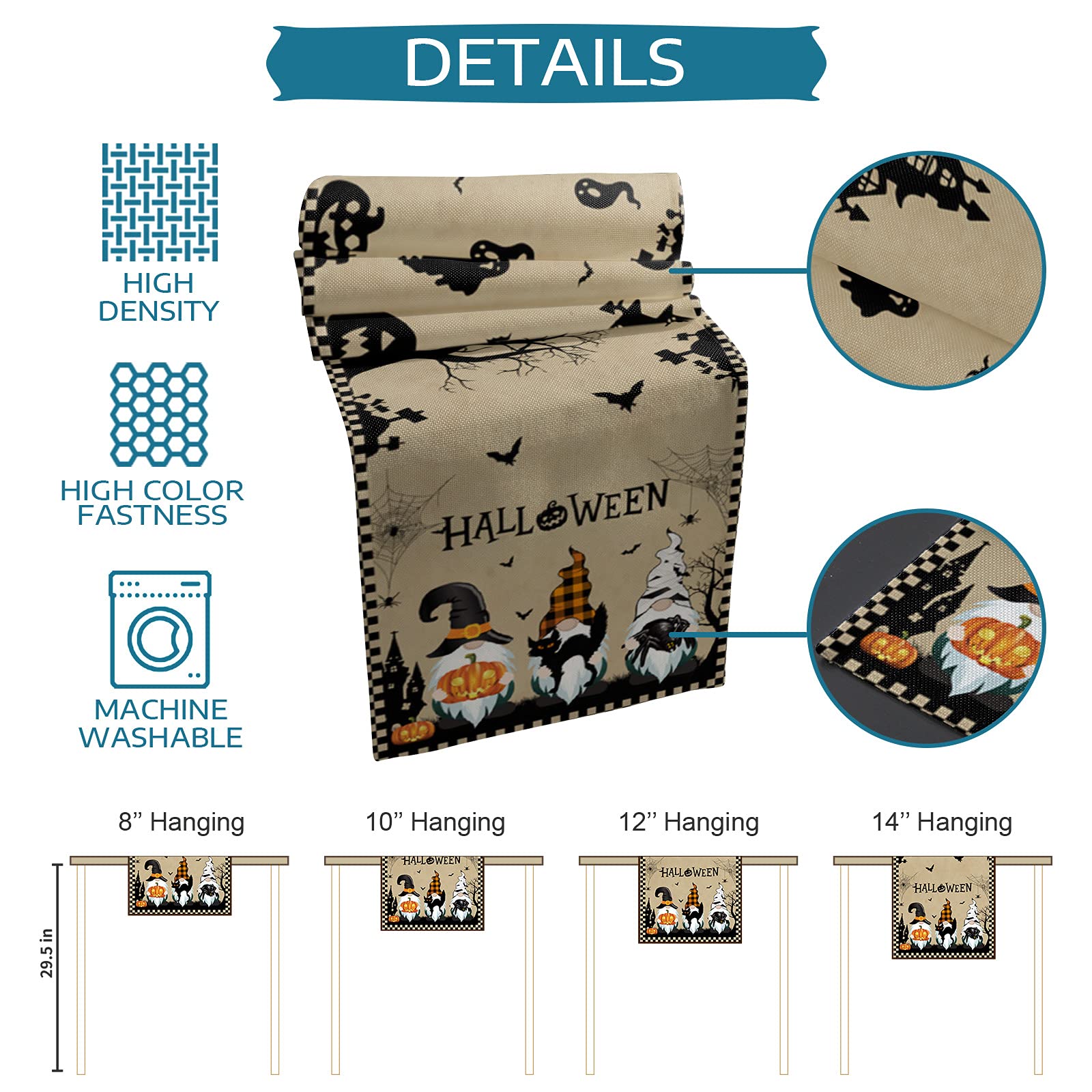 Halloween Burlap Table Runner 72 Inches - Scary Witches, Gnomes, Pumpkins, Black Cats & Bats Haunted House Design for Kitchen, Dining & Coffee Tables | Perfect for Halloween Parties, Home Decor & Holiday Gatherings