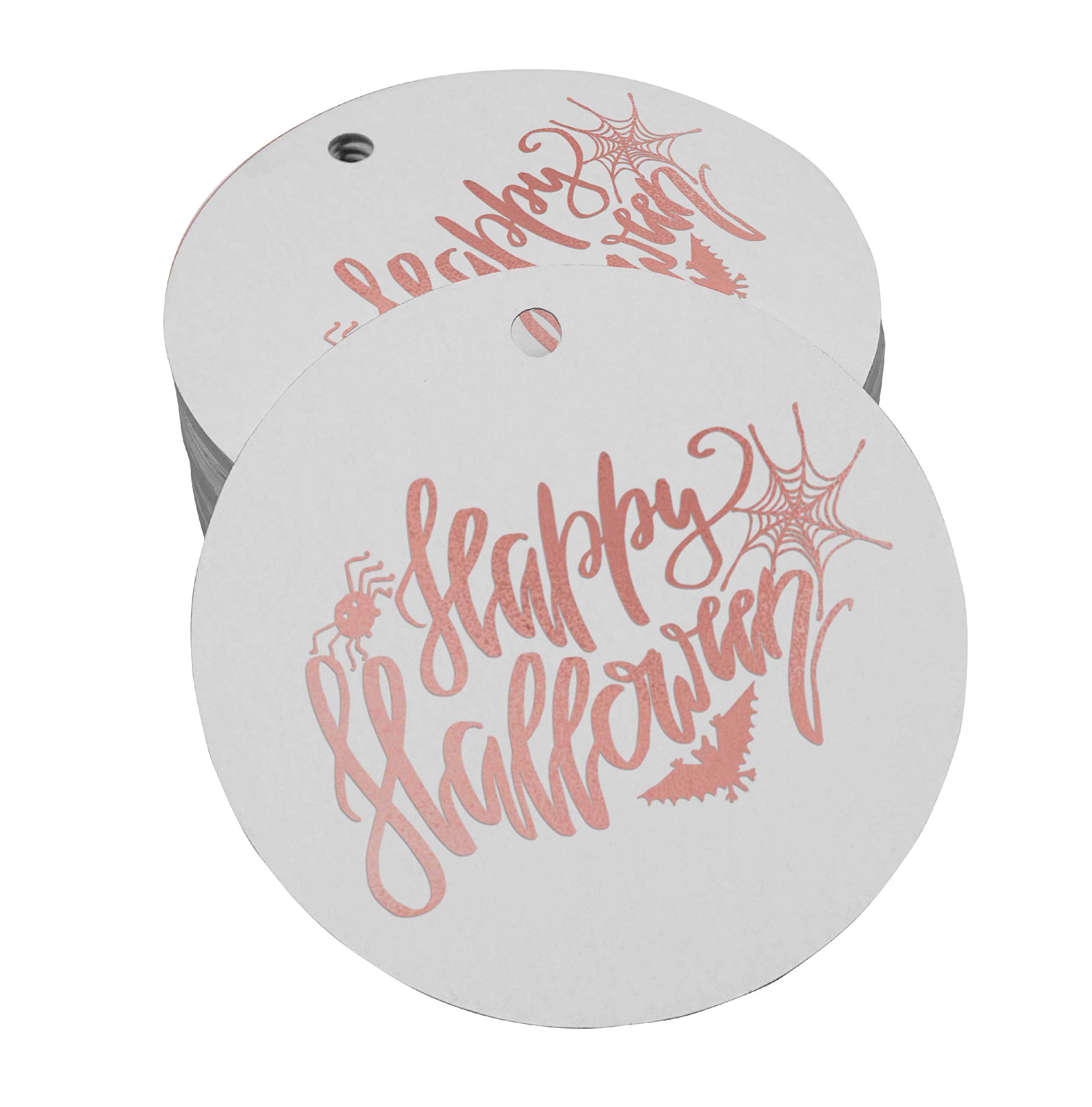 100 Pack Happy Halloween Favor Tags - Rose Gold Foil Paper Hang Tags for Party Decorations, Gift Wrapping & DIY Crafts - Perfect for Halloween Party Favors, Treat Bags & Spooky Decor