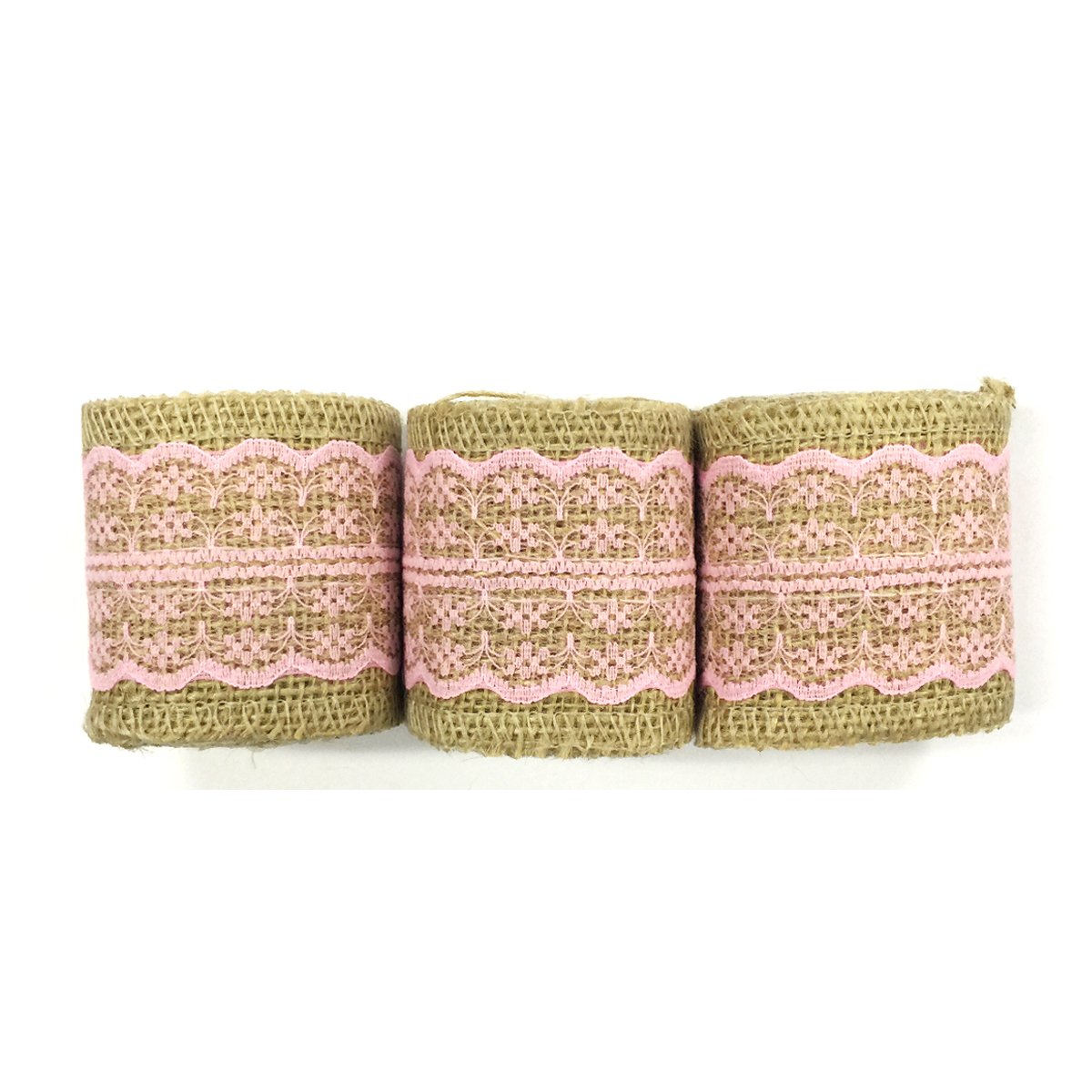 Wrapables® Pink Hessian Burlap Ribbon with Lace Trim - 2.5 Inch x 2 Yards (Set of 3) - Perfect for Gift Wrapping, Wedding Decor, and DIY Craft Projects