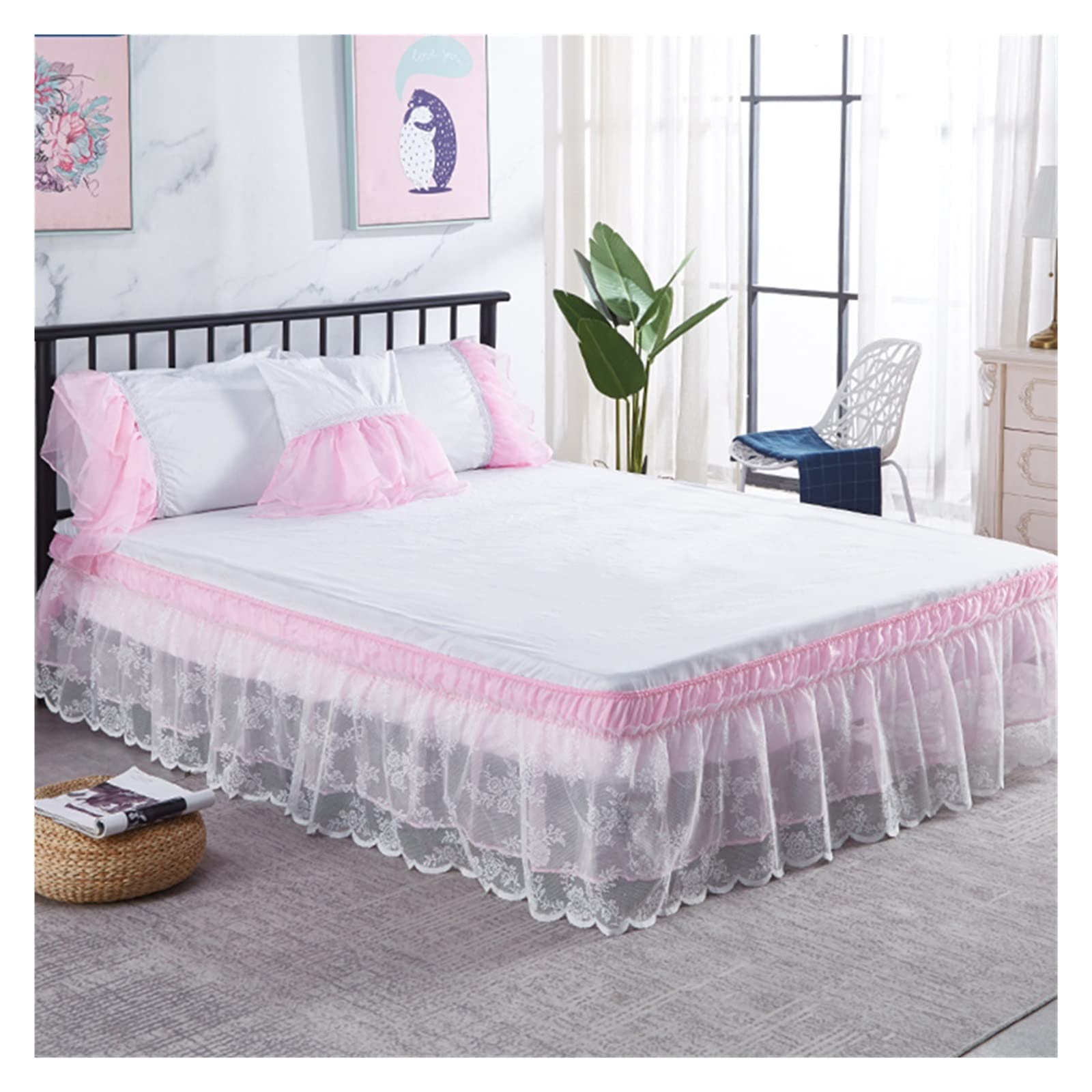 2-Tier Lace Bed Skirt with Elastic Wrap - No-Slip Bed Cover for Queen Size (150x200x40cm) - Elegant Bedroom Decor in Color A | Perfect for Guest Rooms, Master Bedrooms & Home Staging