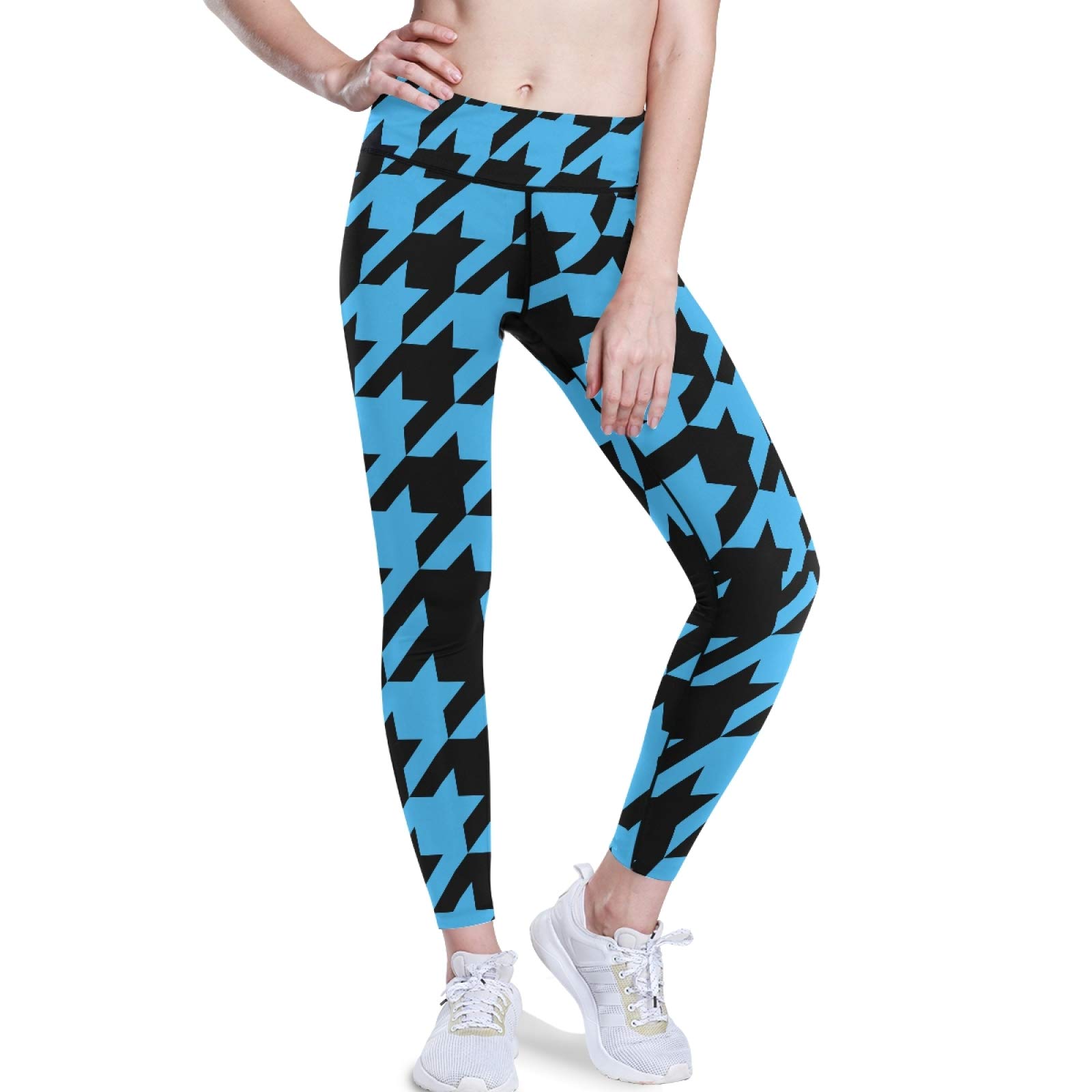 Women's High Waisted Yoga Pants with Pockets - Naked Feeling Stretch Workout Leggings in Houndstooth Tartan Tweed (Black & Blue, XS) - Perfect for Yoga, Gym & Lounge Wear