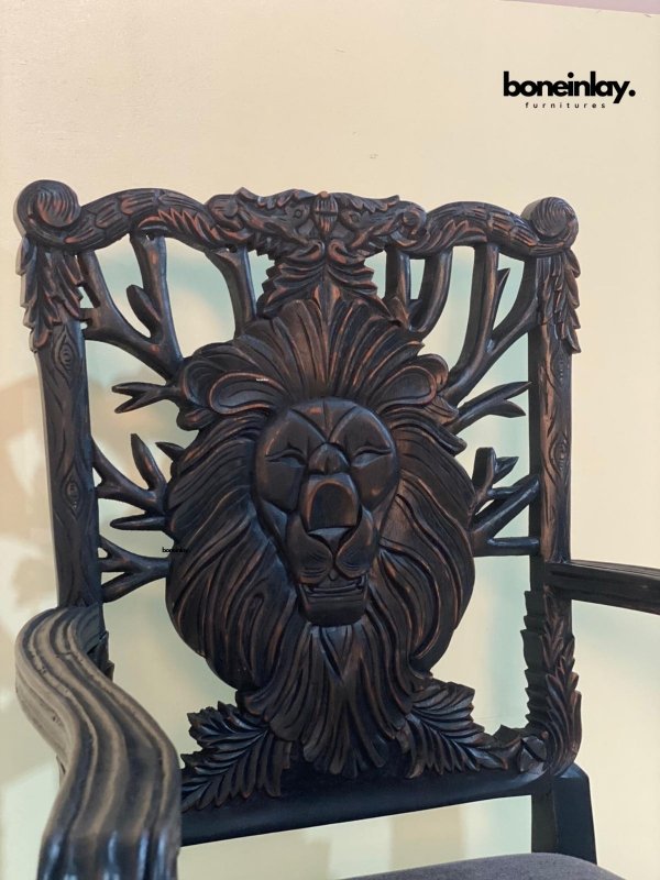 Hand Carved Black Lion Dining Chair - Solid Wood Animal Print Accent Chair for Dining Room, Living Room, or Home Office - Perfect for Farmhouse, Bohemian & Eclectic Decor Styles