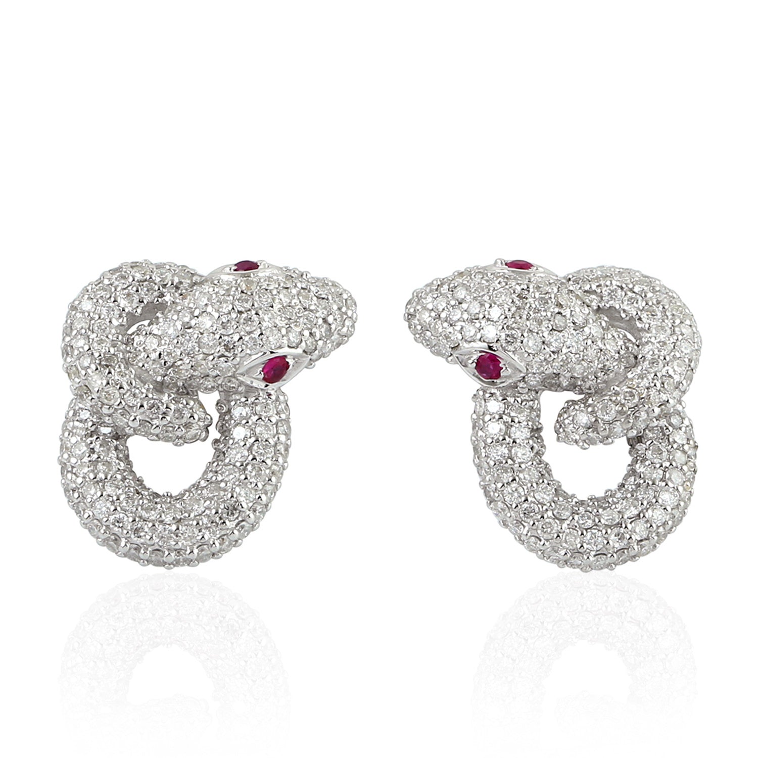 18K White Gold Ruby and Diamond Snake Stud Earrings - Elegant Pave Diamond Carved Design for Women's Jewelry Collection | Perfect for Parties, Weddings & Special Occasions