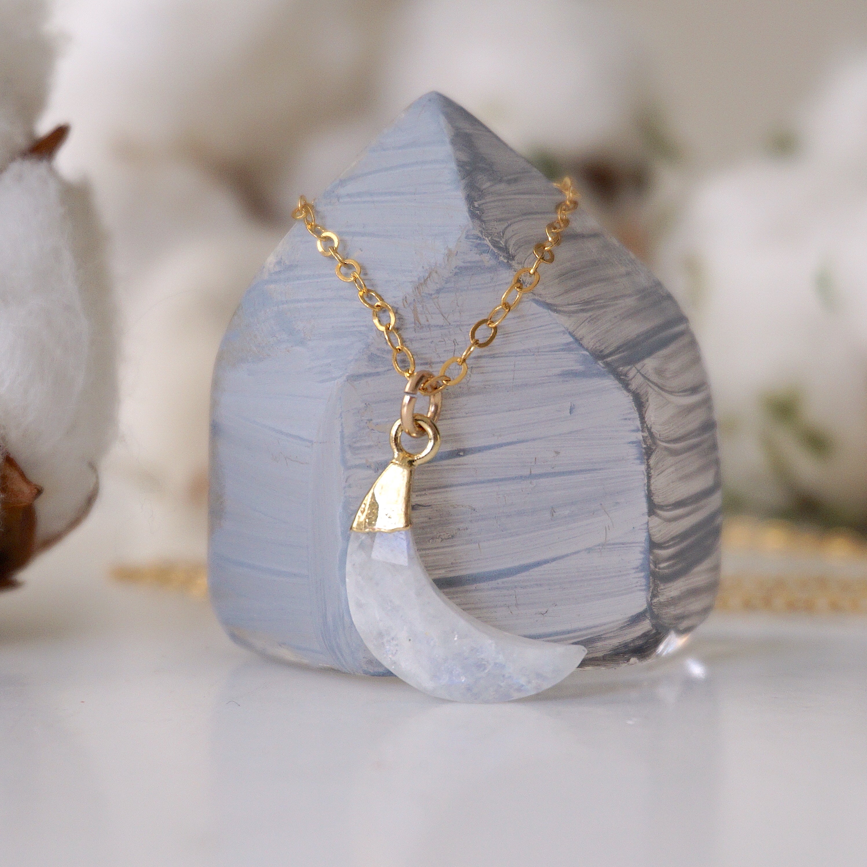 14K Gold Filled Rainbow Moonstone Necklace with Crescent Moon Charm - Elegant Boho Jewelry for Women, Perfect for Everyday Wear & Special Occasions