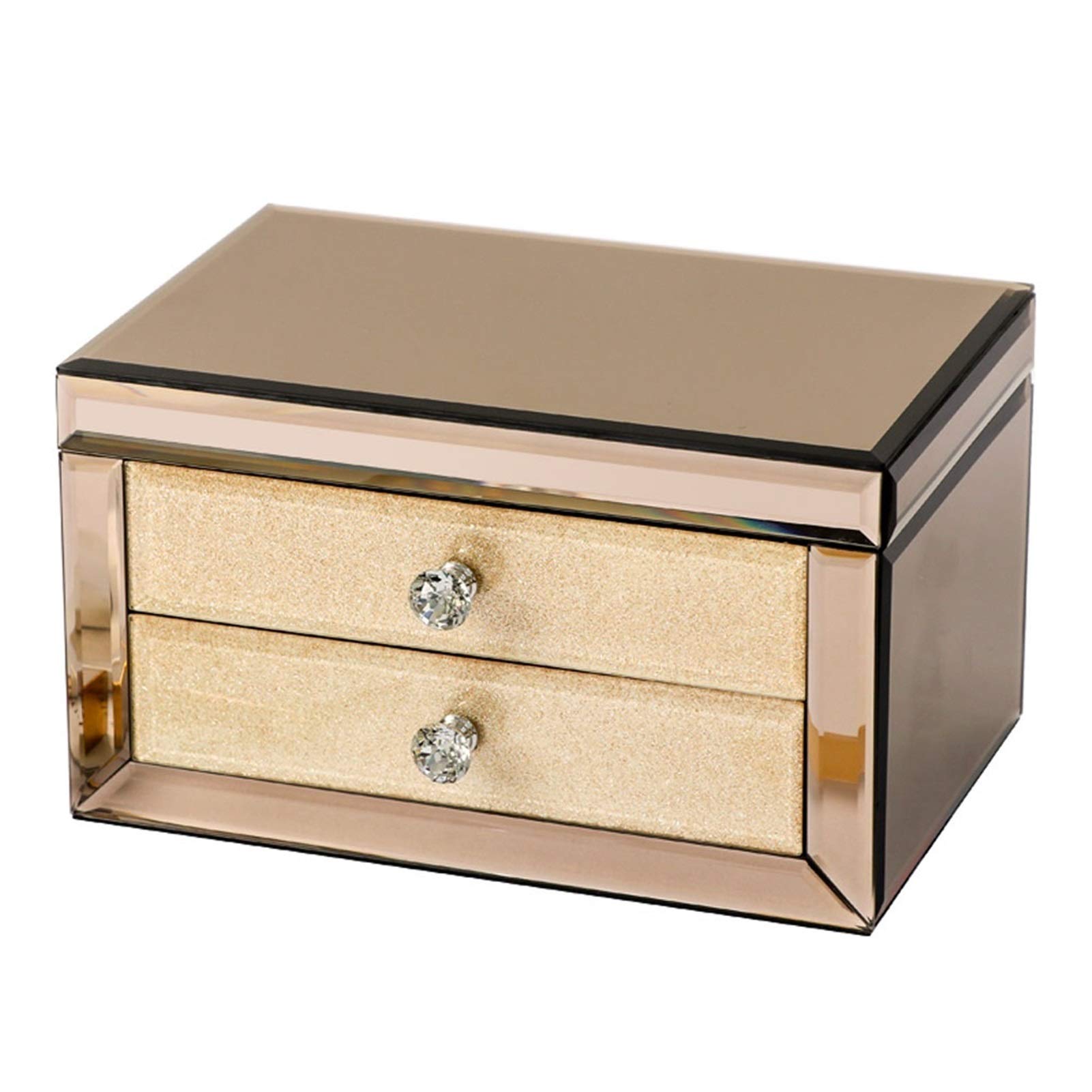 Luxury Glass Jewelry Box with Mirror - Jewelry Storage Organizer & Trinket Display Case in Champagne Gold - Perfect for Jewelry Display, Makeup Vanity & Gift Packaging