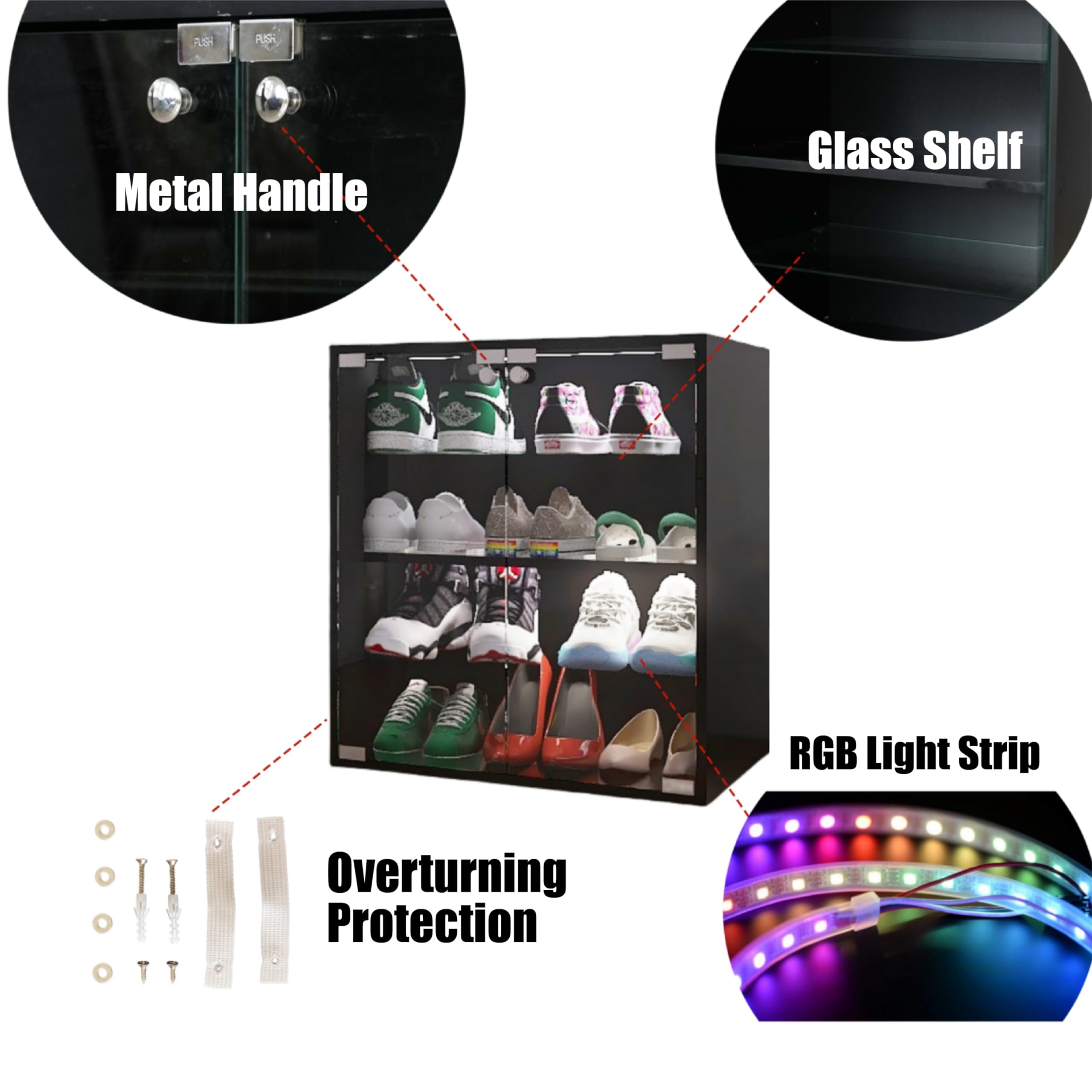 4 Layer LED Shoe Storage Cabinet with Glass Doors - Remote Control Wooden Shoe Display Case for Sneaker Collection & Organization - Perfect for Bedroom Closet, Walk-in Closet, and Shoe Store Display