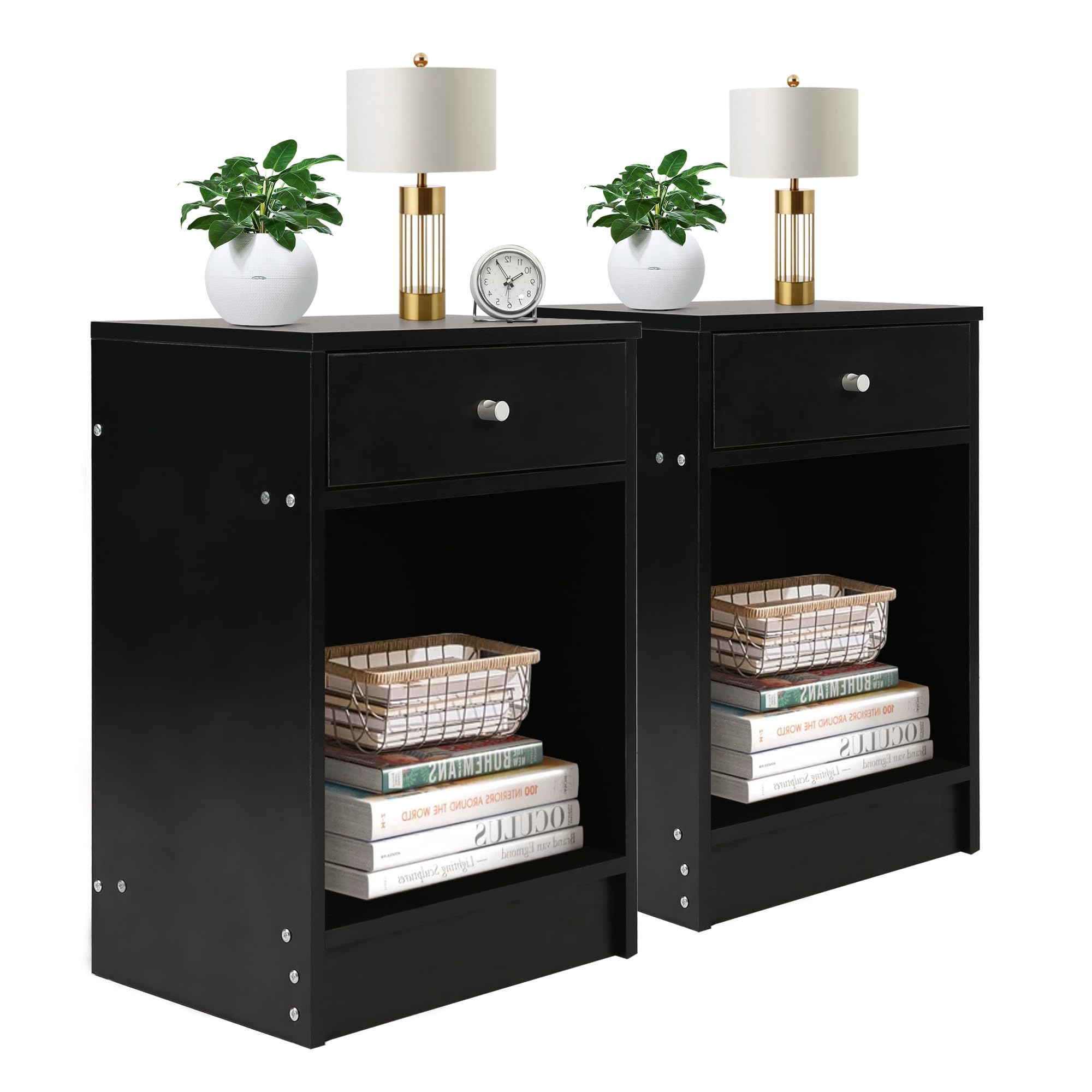 Modern Black Nightstand Set of 2 - Wooden Bedside Tables with Drawer for Bedroom & Living Room - Space-Saving End Tables for Small Spaces - Perfect for Apartments, Dorms and Cozy Homes