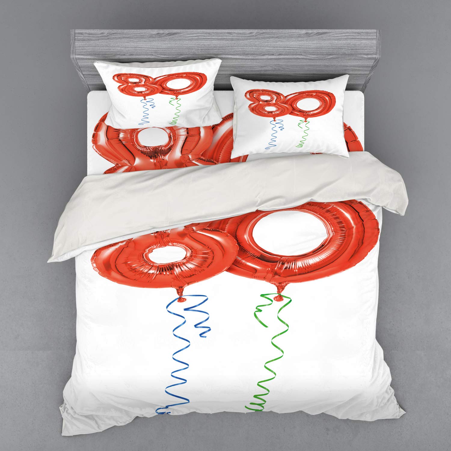 Ambesonne 80th Birthday Duvet Cover Set - King Size 4-Piece Bedding with Shams & Fitted Sheet - Colorful Balloon & Swirl Design for Grandparent Birthday Party - Perfect for Guest Rooms, Retirement Celebrations & Special Occasions