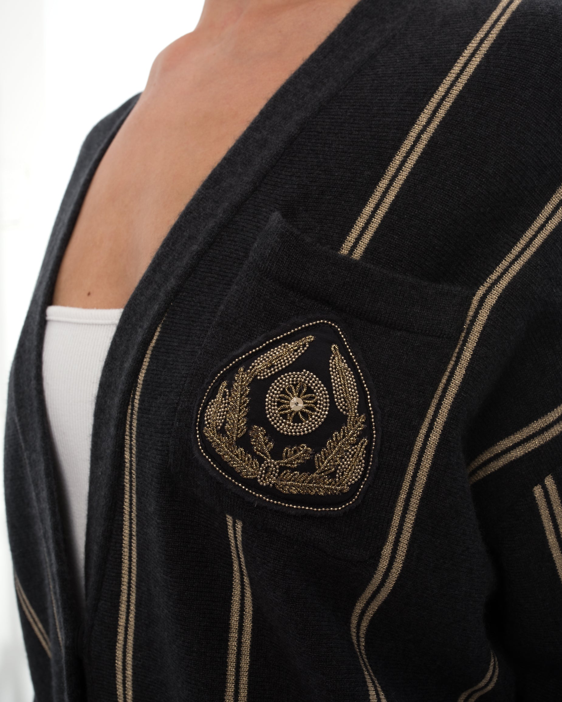 Brunello Cucinelli Grey & Gold Striped Cashmere Cardigan with Embroidered Crest - Luxury Knitwear for Men | Perfect for Business Casual, Office Wear & Fall Fashion