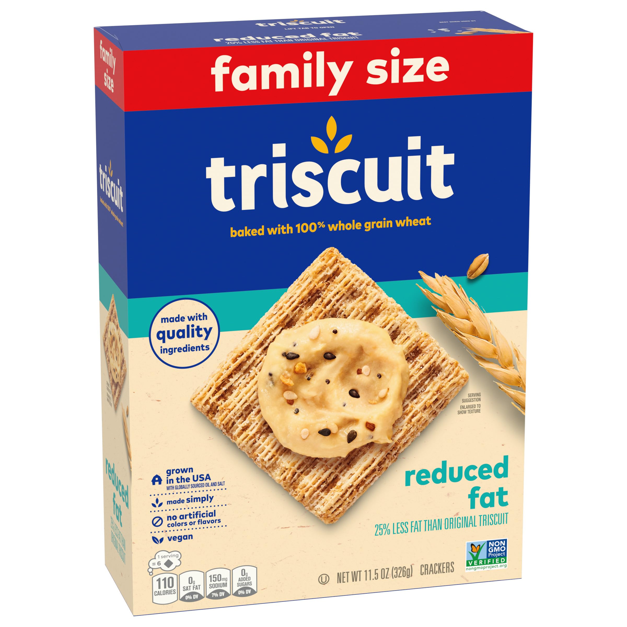 Triscuit Reduced Fat Whole Grain Wheat Crackers | Vegan, Gluten-Free Snacks for Lunch & On-the-Go | Family Size 11.5 oz Pack | Perfect for Office, School & Picnics