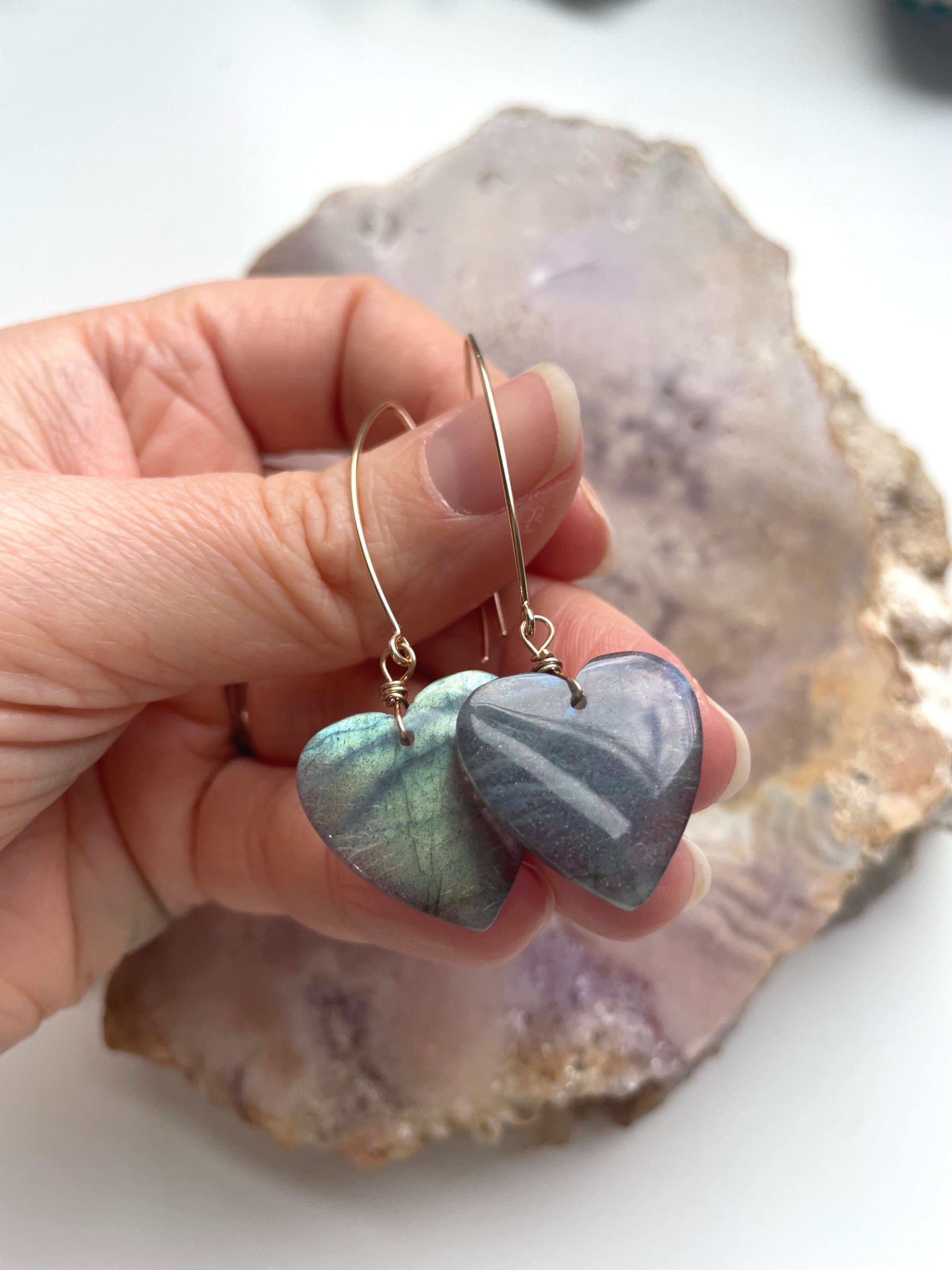 Statement Gold Labradorite Heart Dangle Drop Crystal Earrings for Women | Elegant Bohemian Jewelry for Party, Wedding & Special Occasions