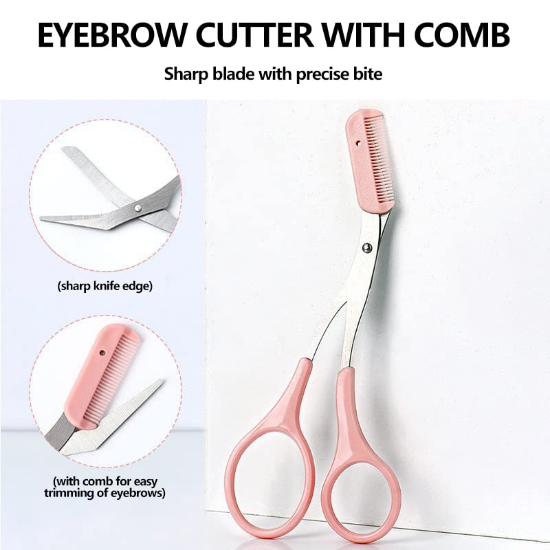 Professional Eyebrow Trimmer Scissor Kit - 3-Piece Set with Razors & Comb for Precise Eyebrow Shaping - Grooming Tool for Women & Men (Pink) - Perfect for Home Use, Travel & Salon Styling