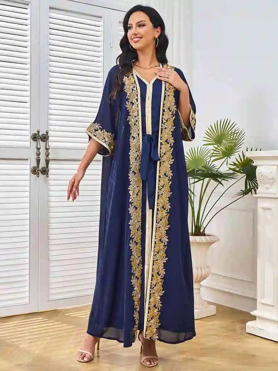 Elegant Beaded Eid 2-Piece Set - Batwing Sleeve Farasha Kaftan Dress for Women | Perfect for Eid Celebrations, Weddings & Special Occasions (#25264)