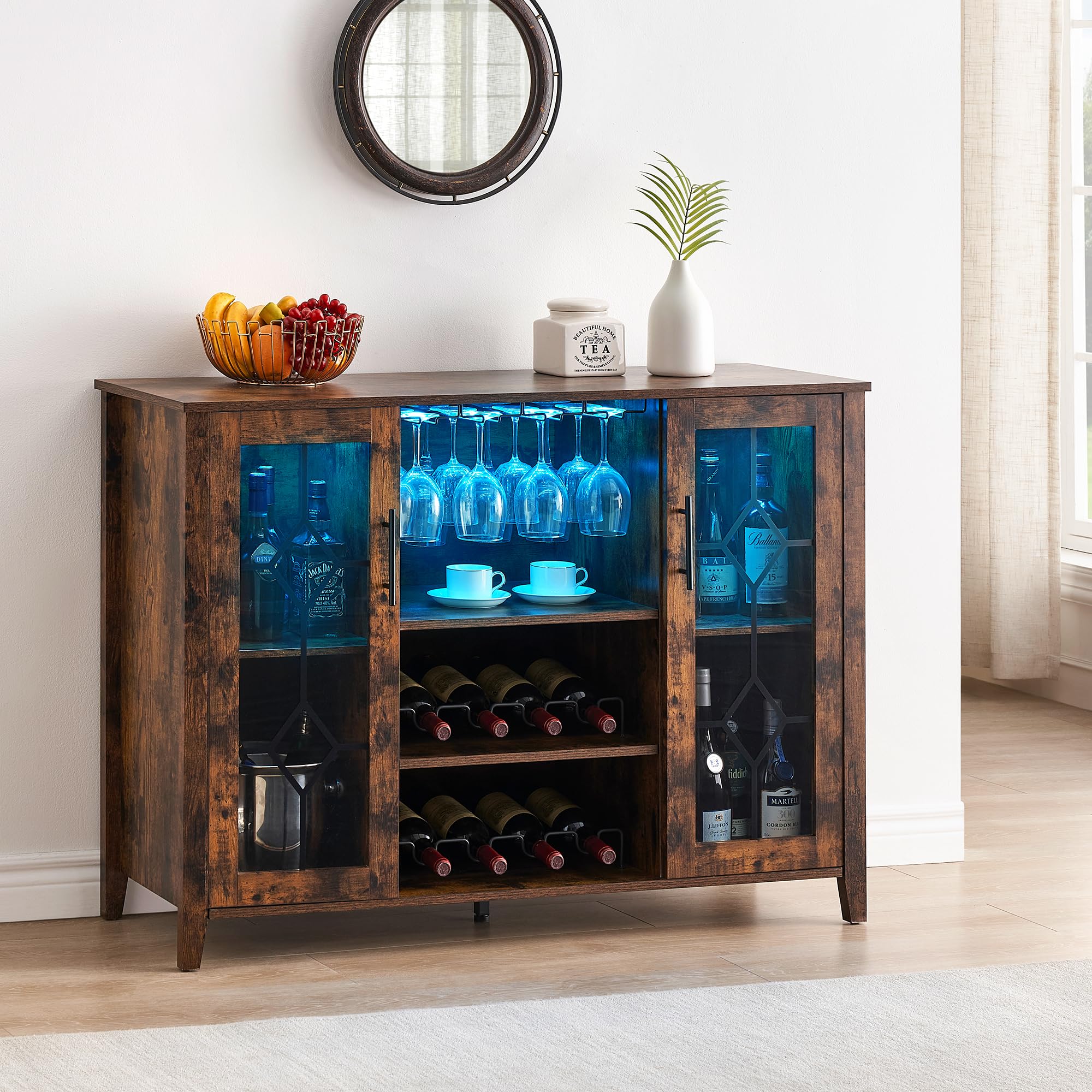 GAOMON Rustic Brown Wine Bar Cabinet with LED Lights - Home Coffee & Liquor Storage Cabinet with Glass Rack, Kitchen Buffet Sideboard for Dining Room, Bar - Perfect for Entertaining Guests & Organizing Glassware